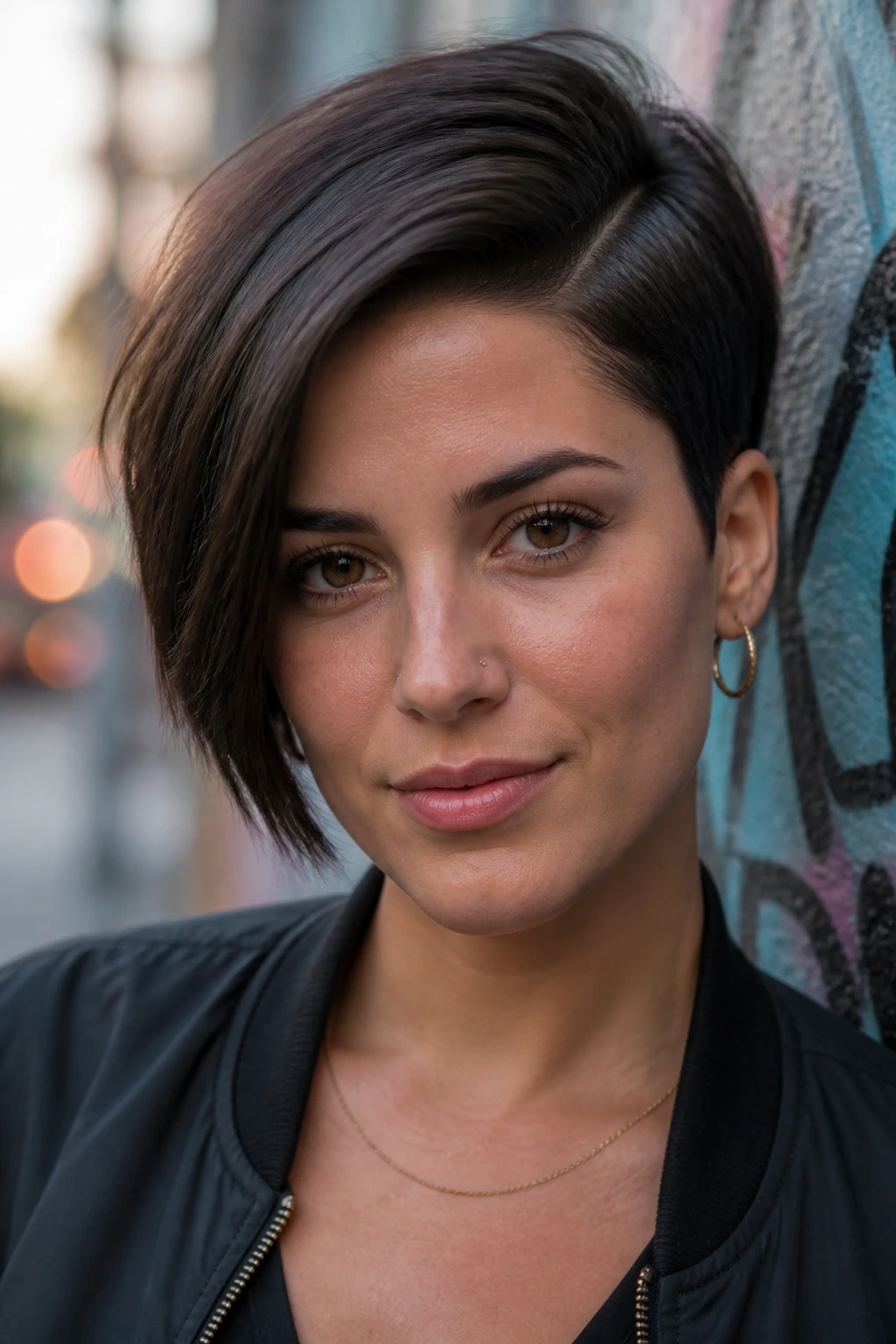 Close-up of real woman with asymmetrical pixie and deep part showing longer and shorter sides