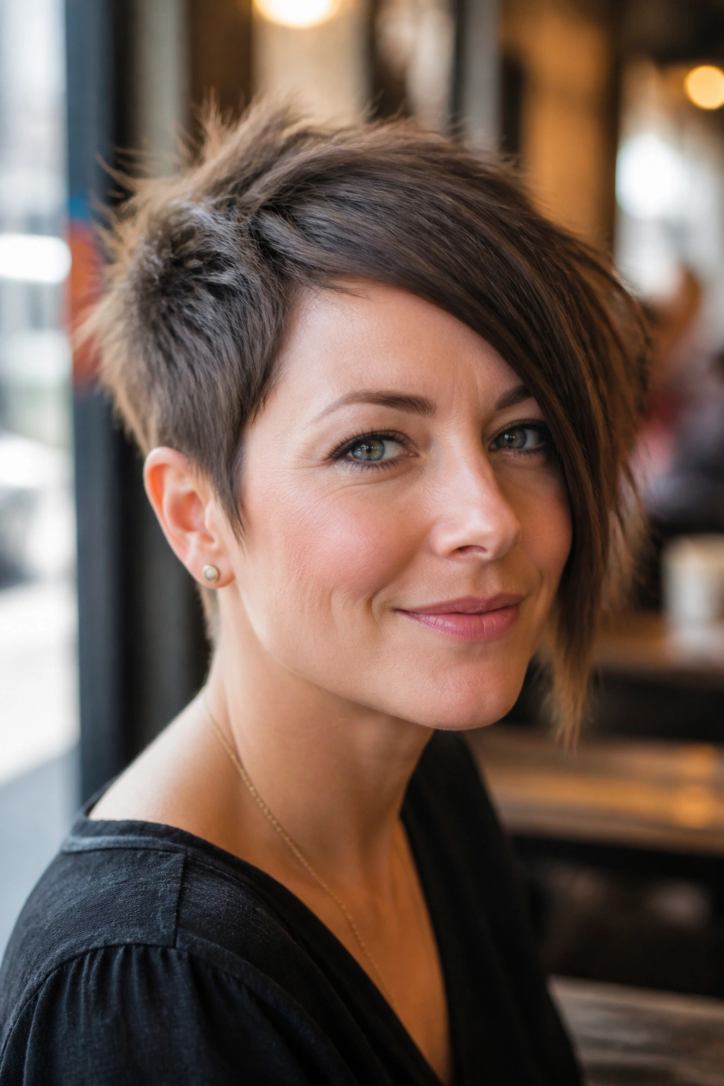 Close-up portrait of a real woman with an asymmetrical pixie and diagonal fringe in natural window light