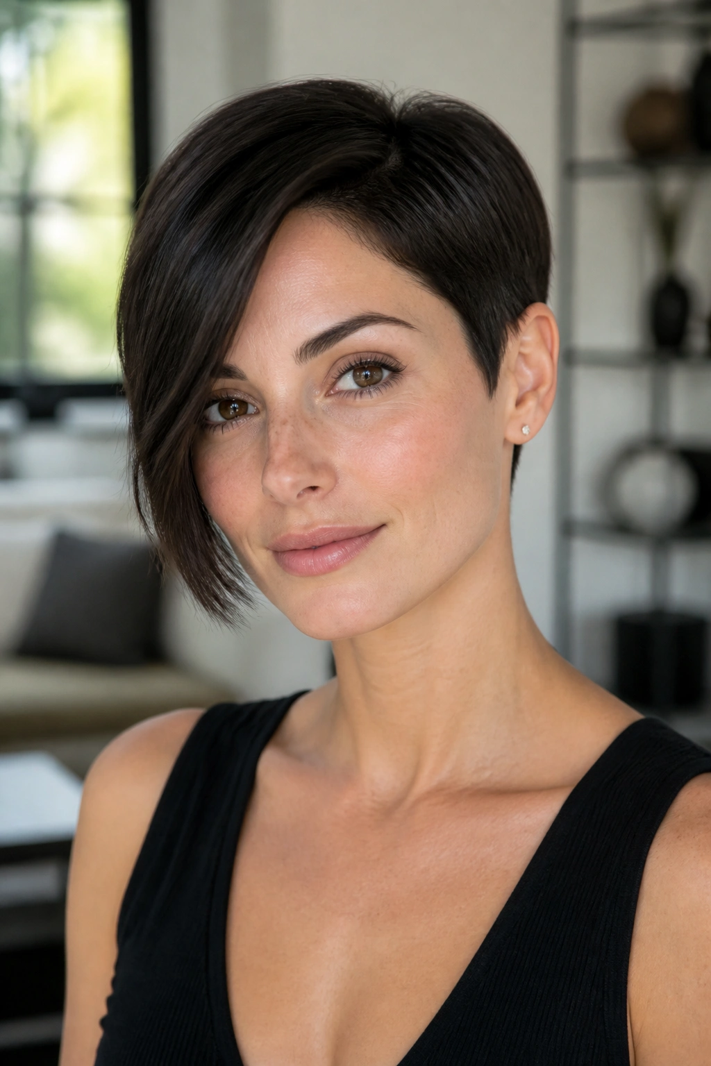 Portrait of a real woman with asymmetrical pixie edge, oval face, modern interior background.