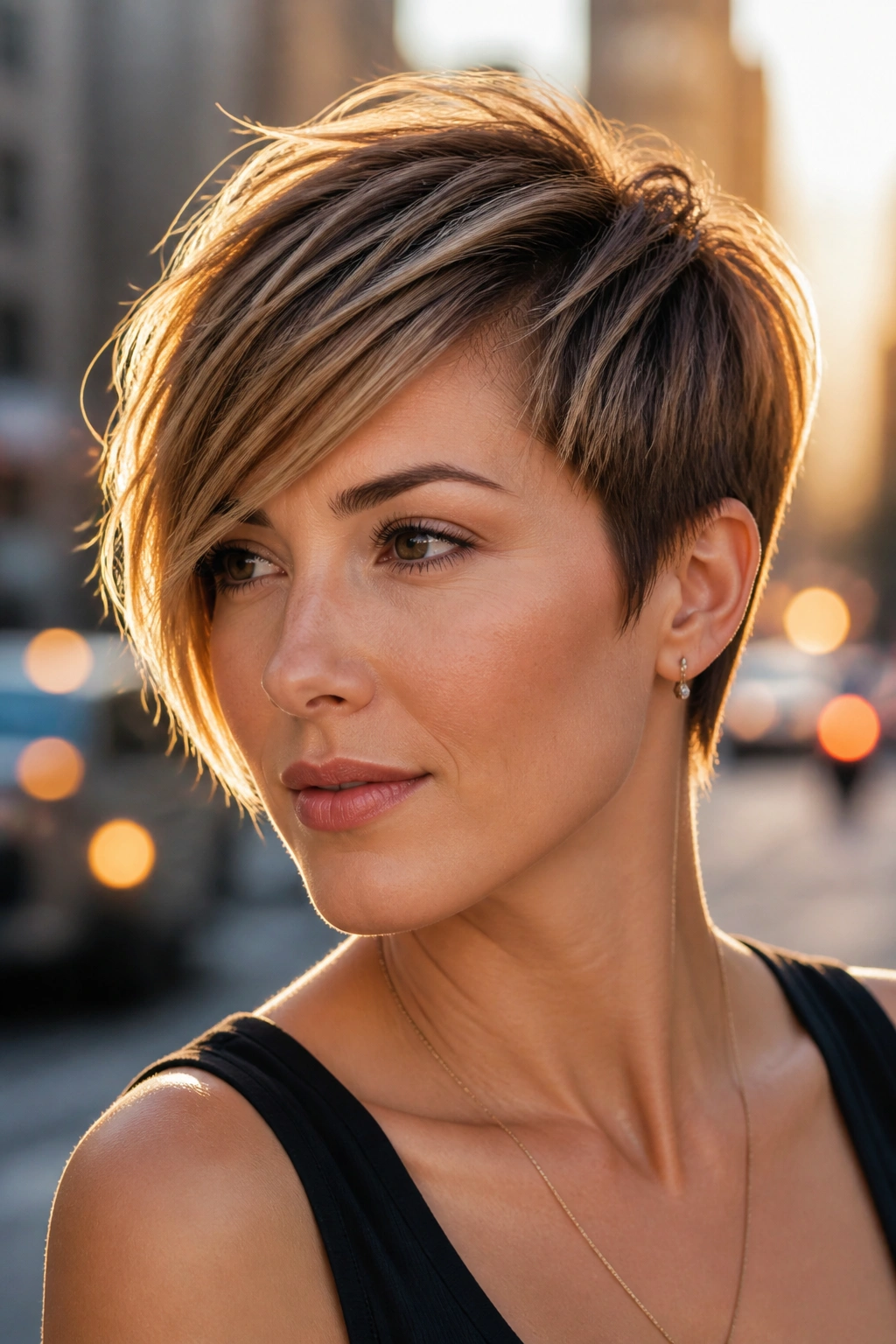Portrait of real woman with asymmetrical feathered pixie and longer side.