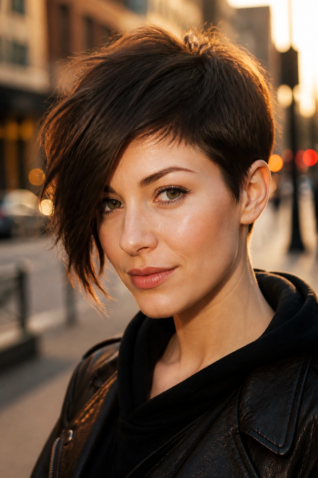 Portrait of woman with asymmetrical choppy pixie against blurred city background