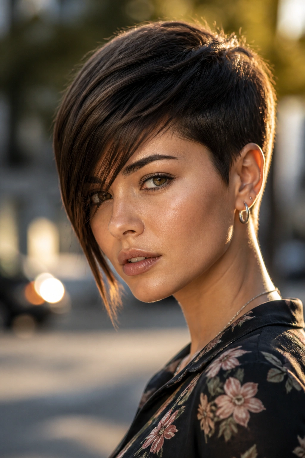 Close-up of a real woman with an asymmetrical pixie fringe.