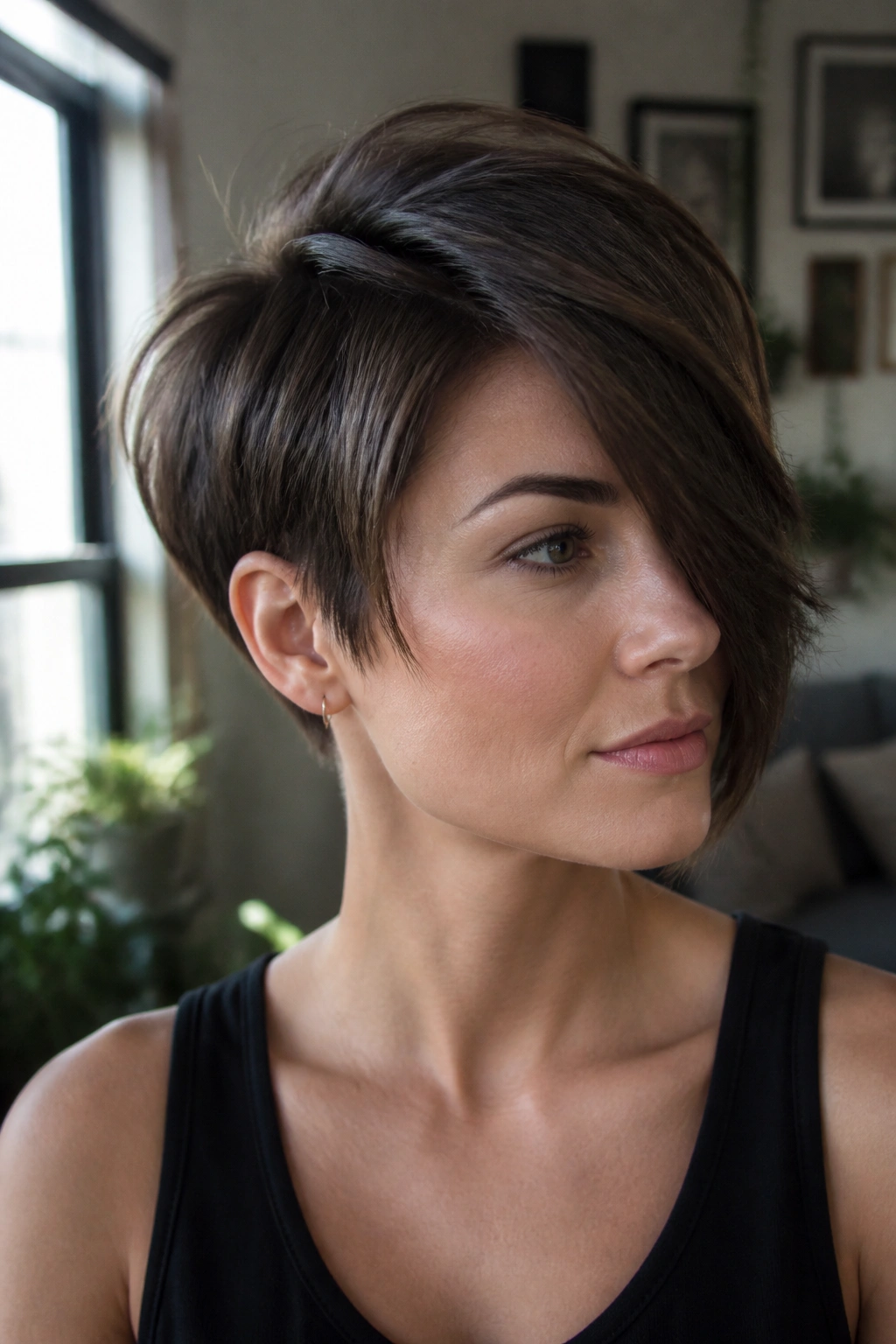 Close-up portrait of a real woman wearing Grown-Out Asymmetrical Pixie With a Long Side Fringe featuring a long fringe across the cheekbone