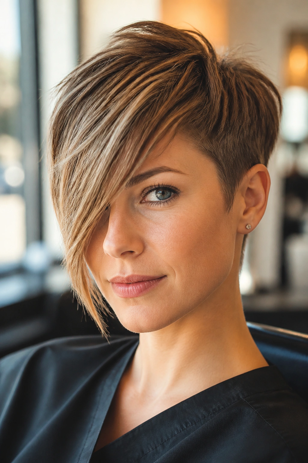 Close-up of a real woman with an asymmetrical pixie and long side fringe.