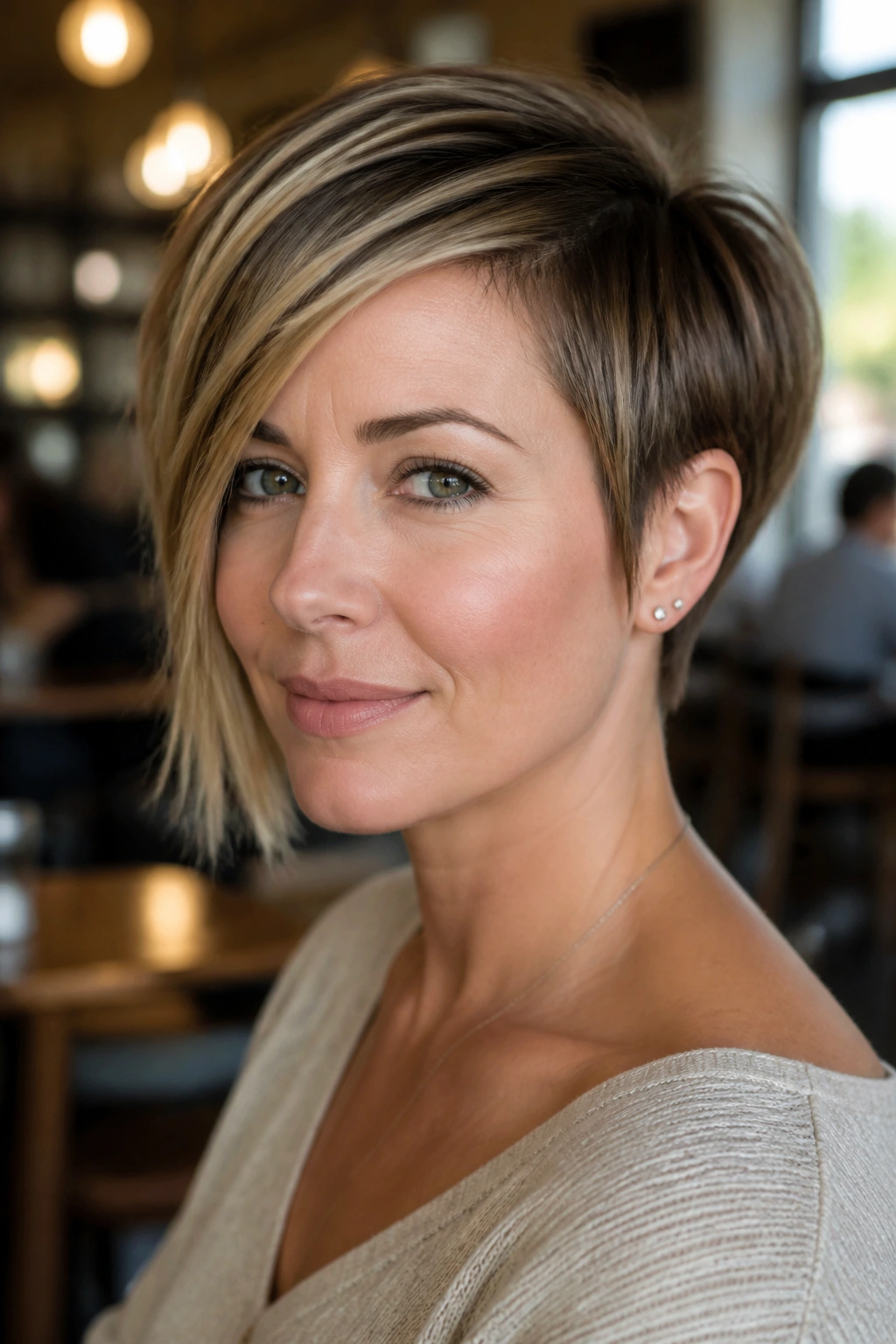 Close-up portrait of a real woman with an asymmetrical long pixie and longer front pieces.