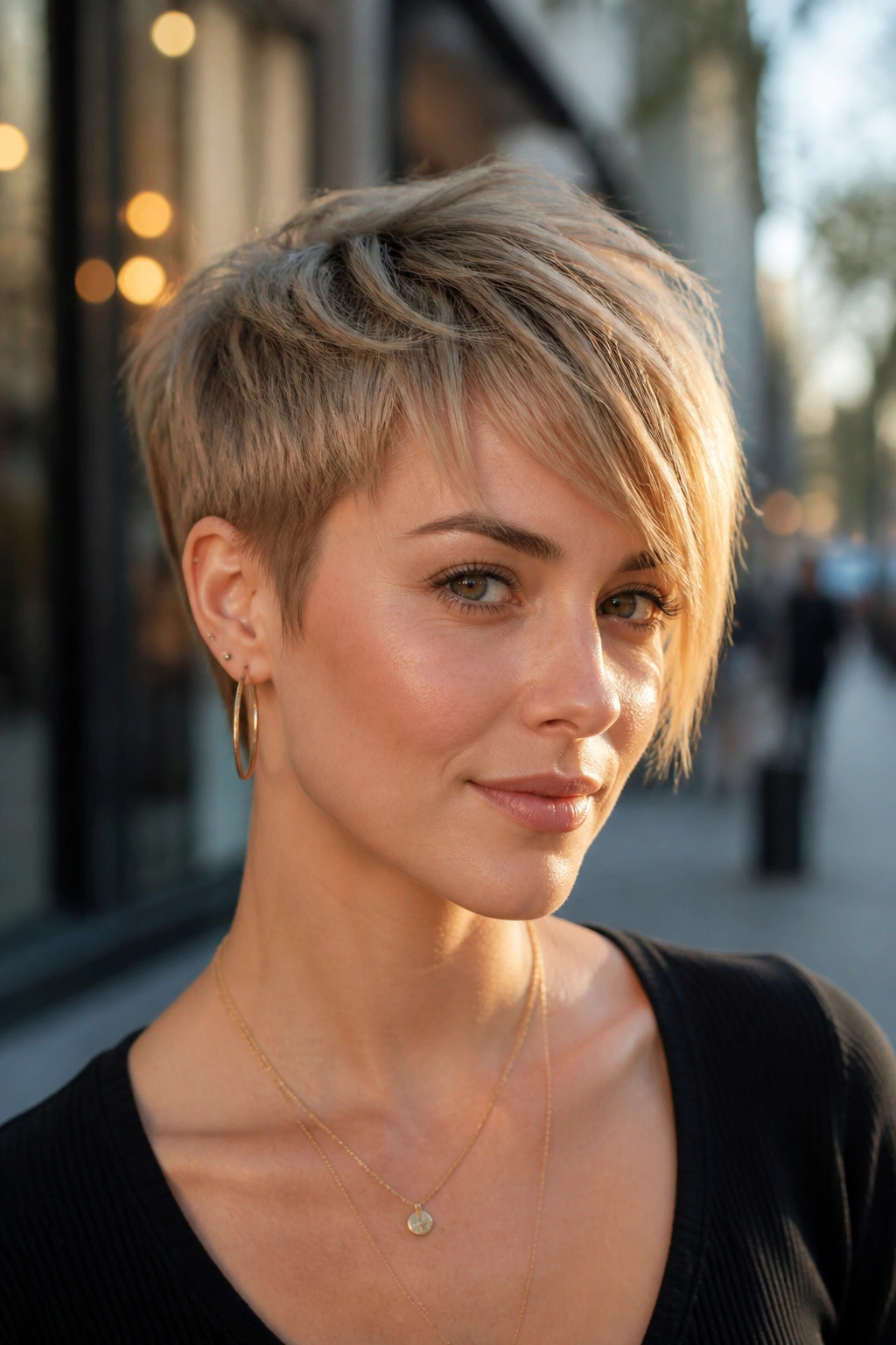 Portrait of a real person with an asymmetrical pixie showing longer and shorter sides.