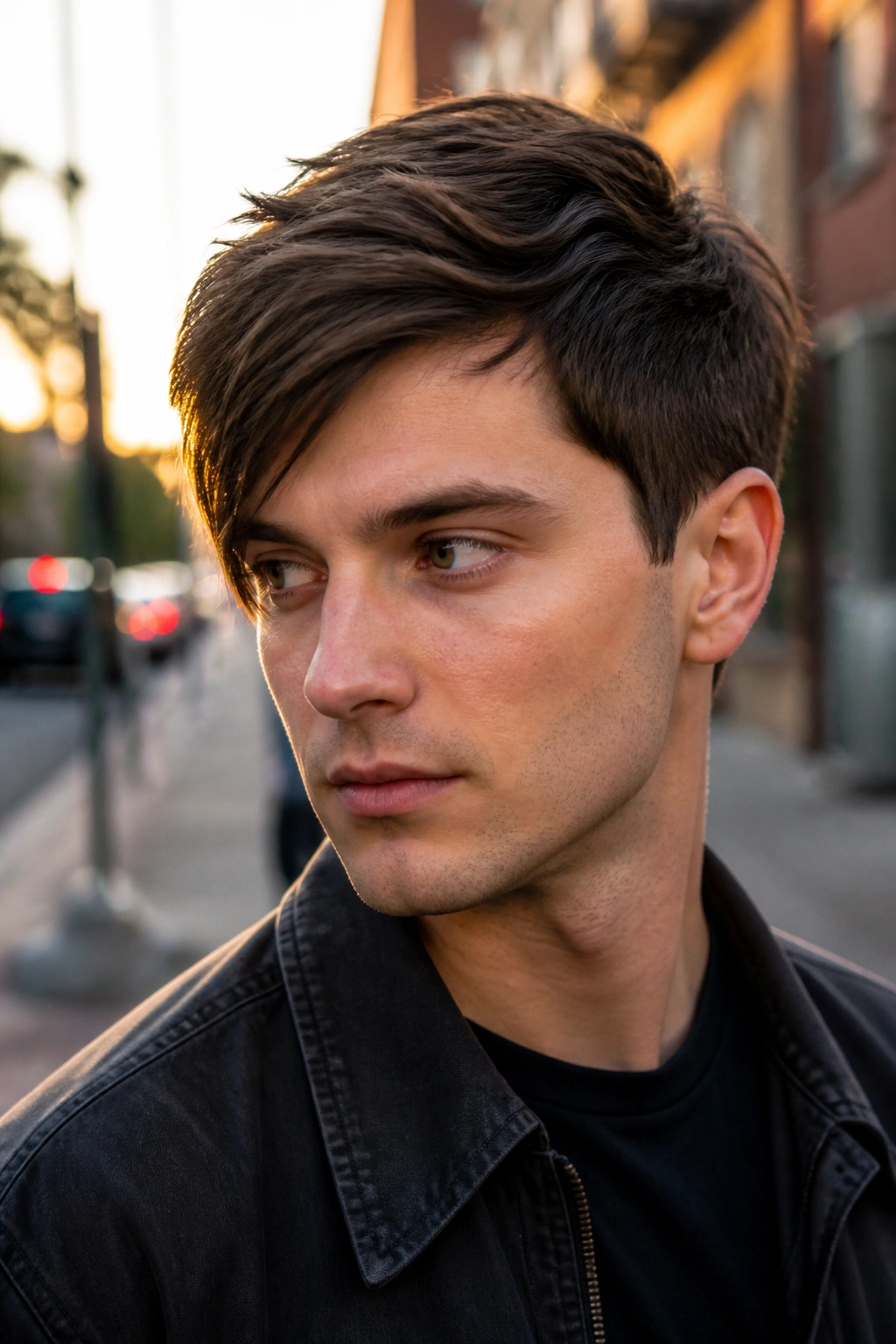 Close-up portrait of a man with Asymmetrical Side-Part Pixie hairstyle