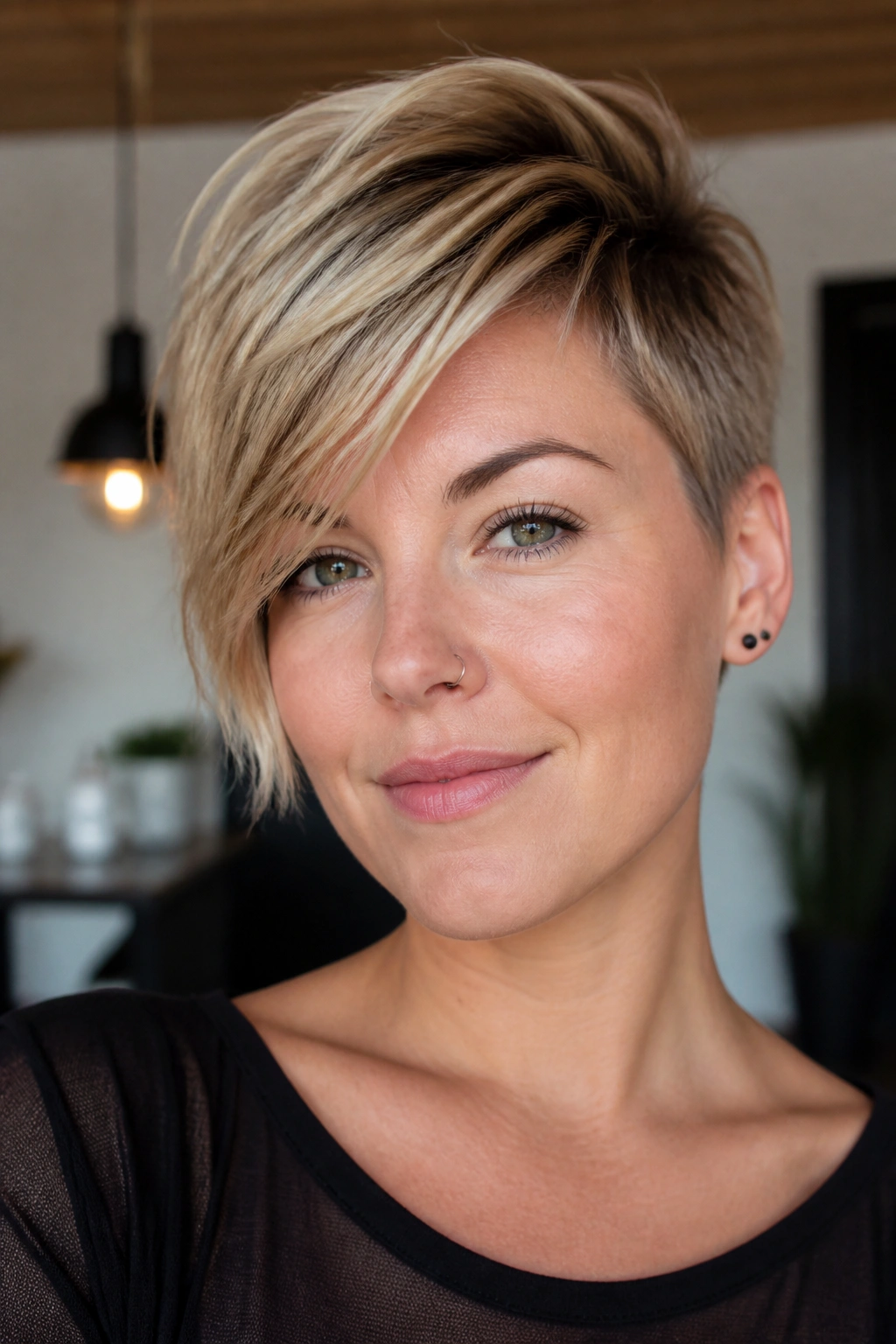 Close-up of a real woman with an asymmetrical pixie cut