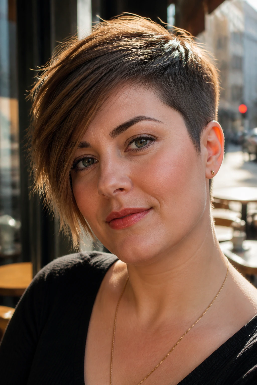Close-up portrait of a real woman with an asymmetrical pixie haircut showing a longer side at the temple
