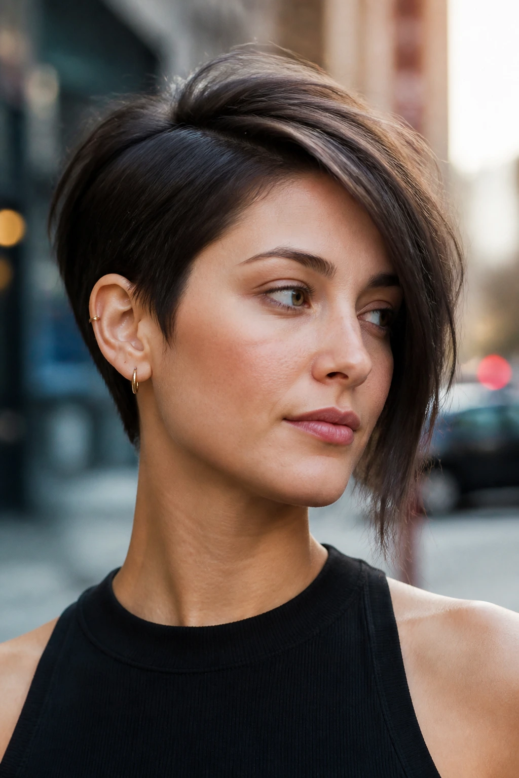 Close-up portrait of a woman with an asymmetrical long pixie showing one longer side across the jawline.
