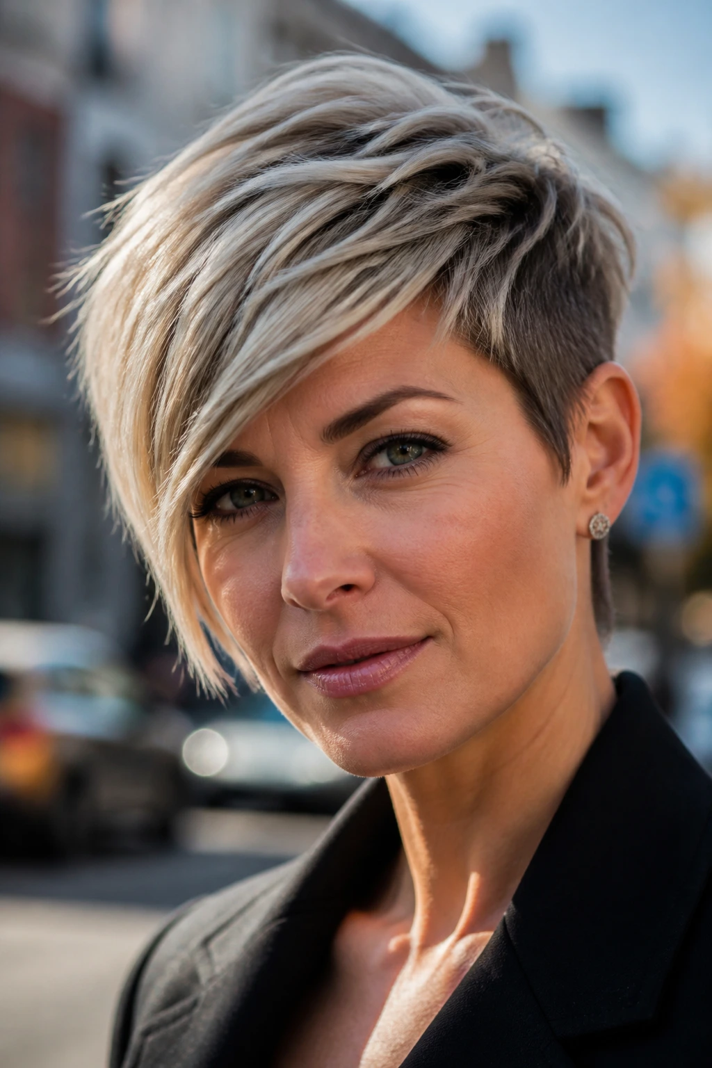 Real woman with asymmetrical pixie showing a shorter side and longer sweep