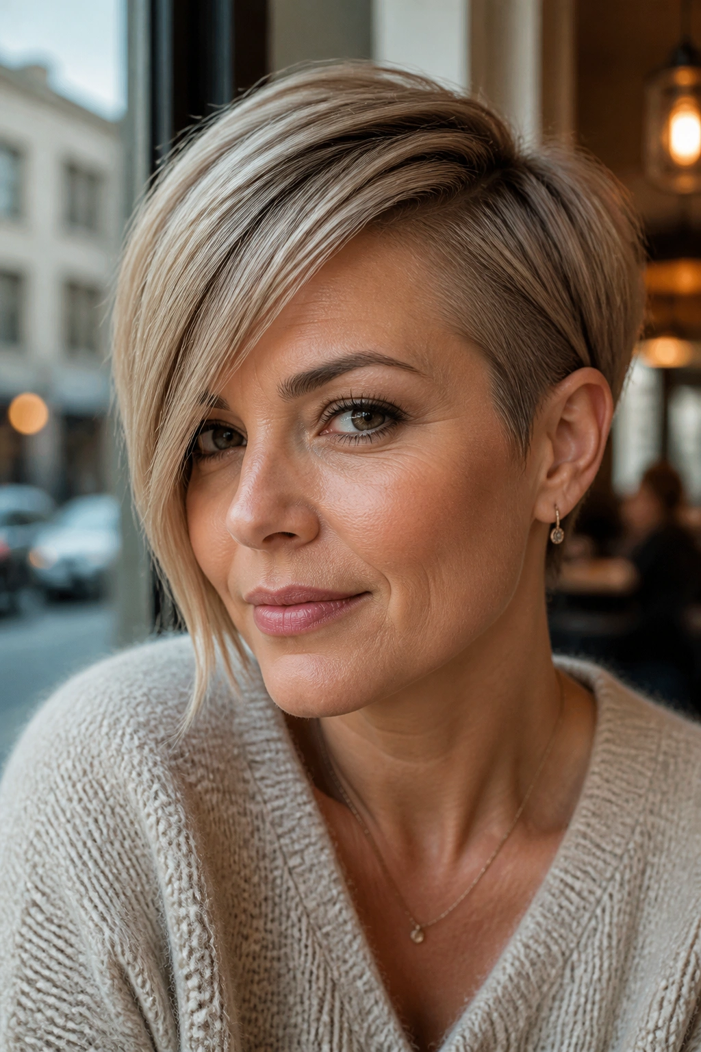 Close-up portrait of a real woman with an asymmetrical pixie and one longer side across the cheek