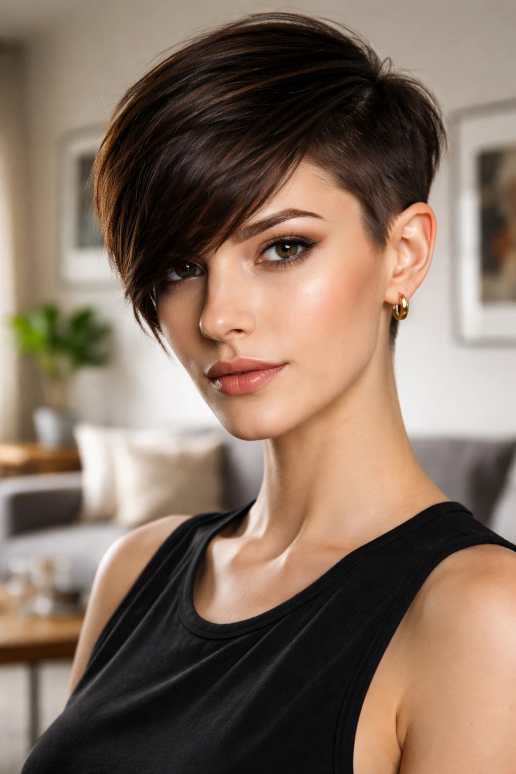 Close-up of a real person with an asymmetrical pixie haircut