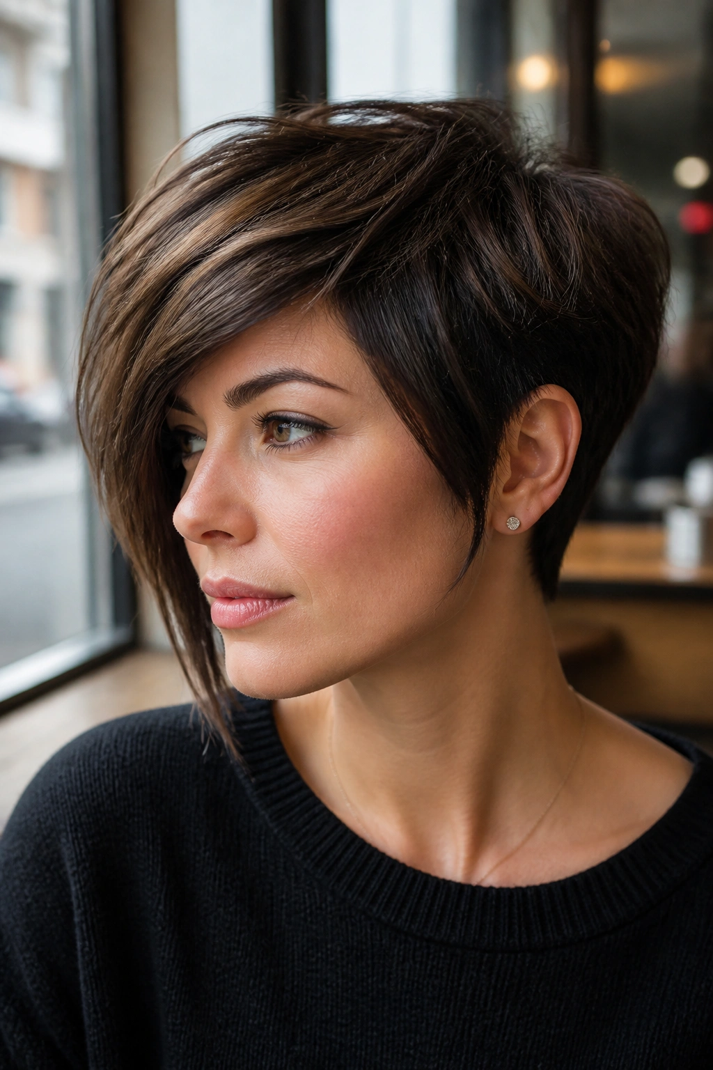 Portrait of a real woman with an asymmetrical long pixie hairstyle
