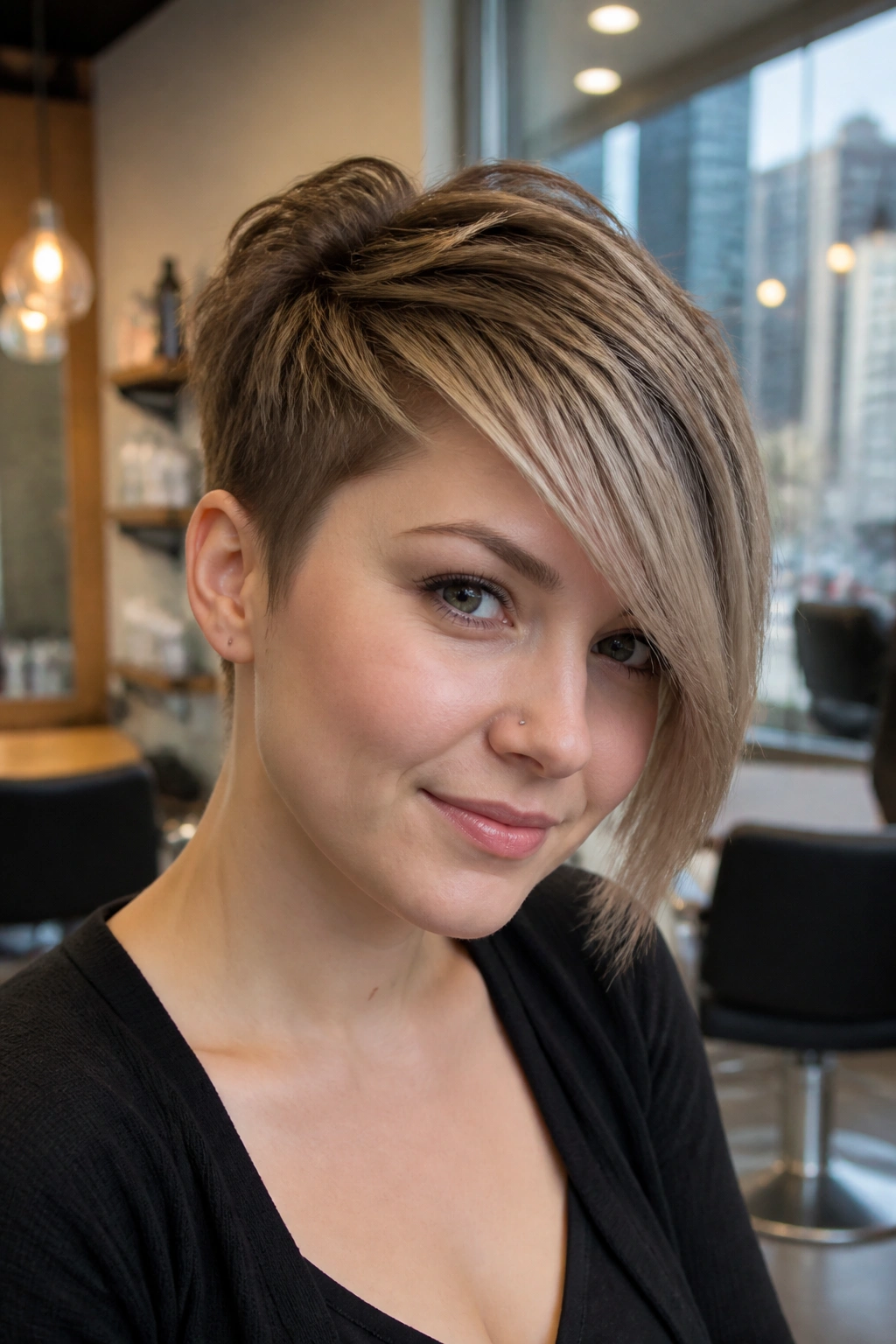 Close-up portrait of a real woman with an asymmetrical pixie and long crown