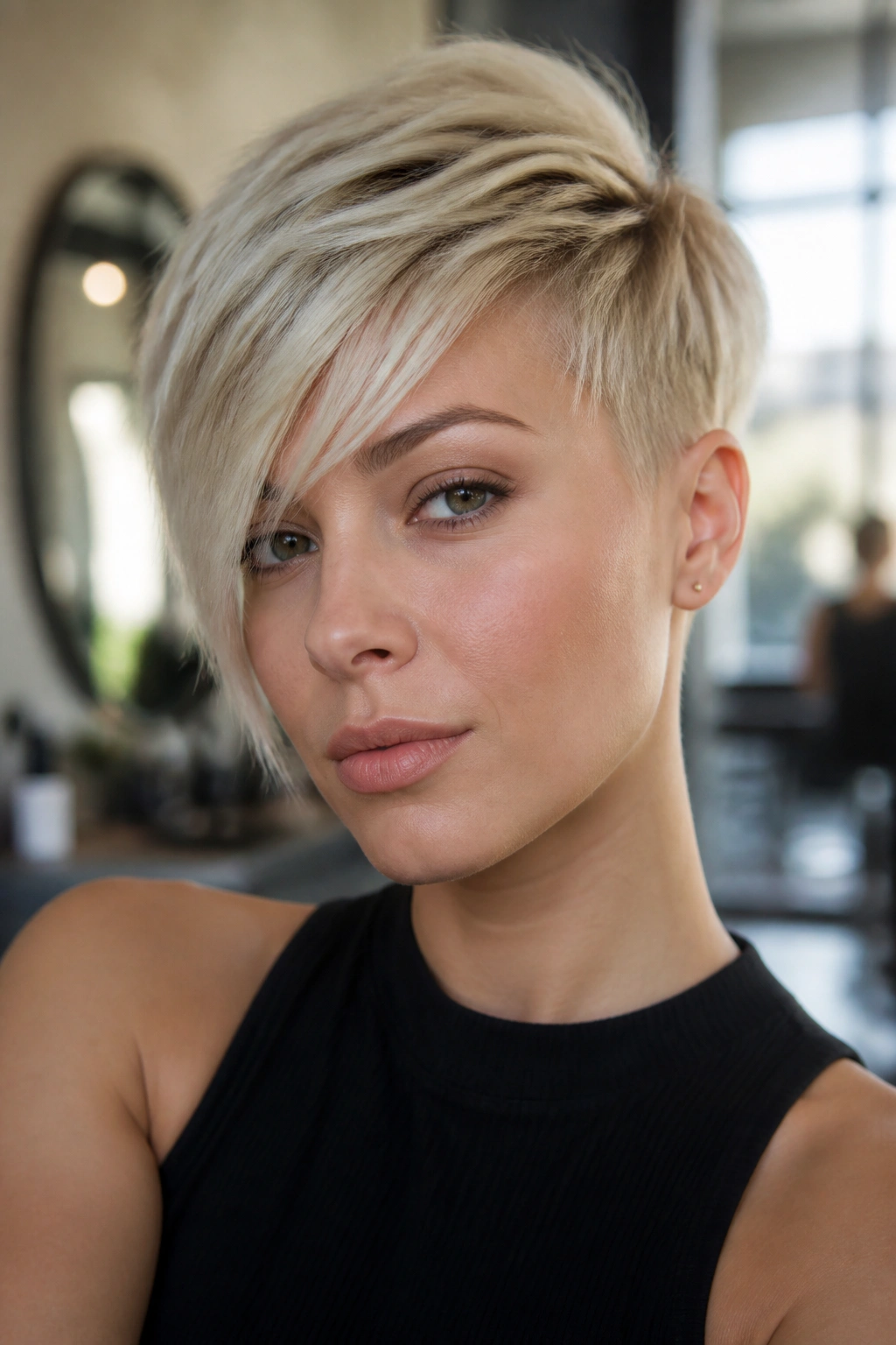Close-up portrait of a woman wearing an asymmetrical pixie with a long fringe.