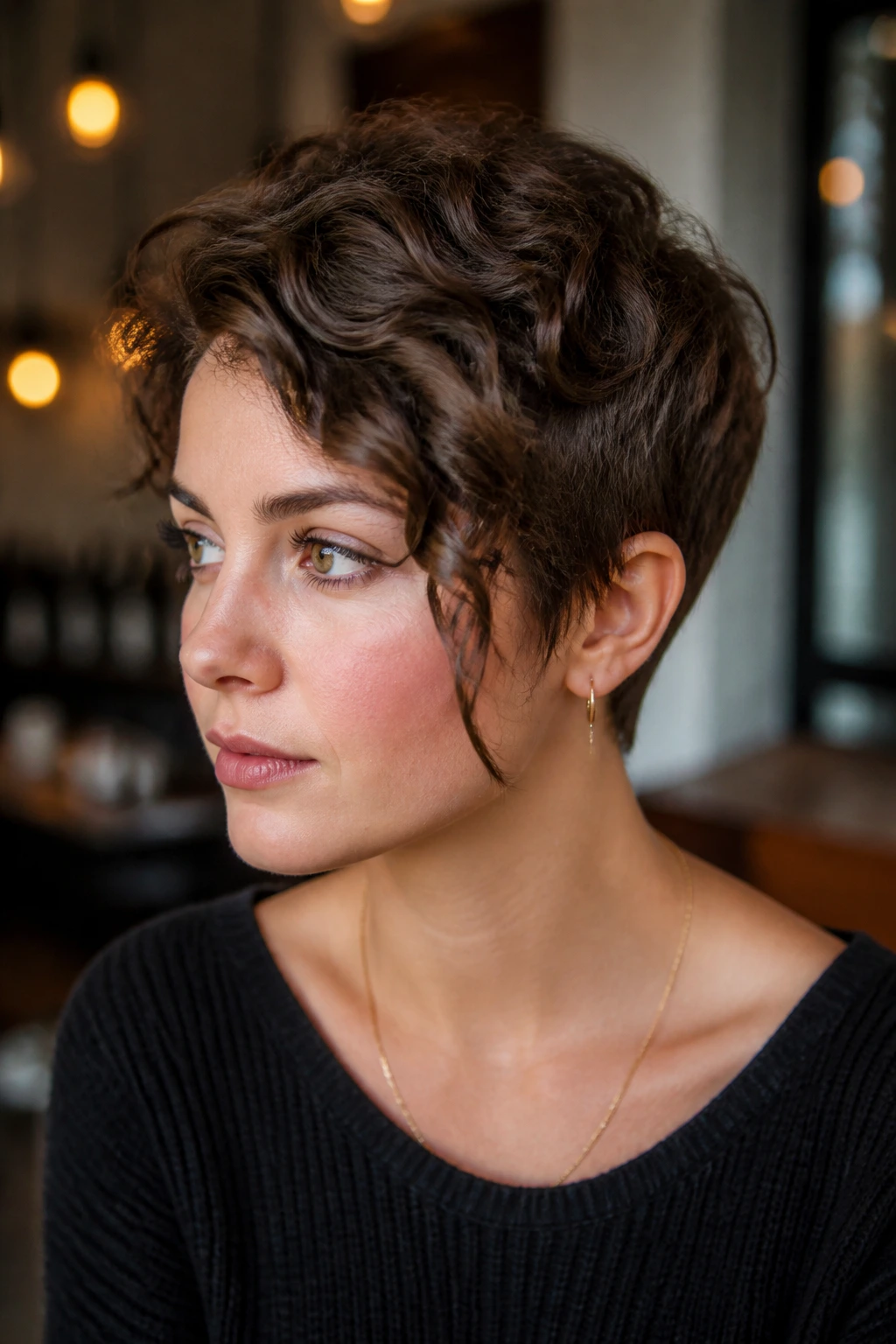 Close-up of a real woman with an asymmetrical pixie and long temple fringe