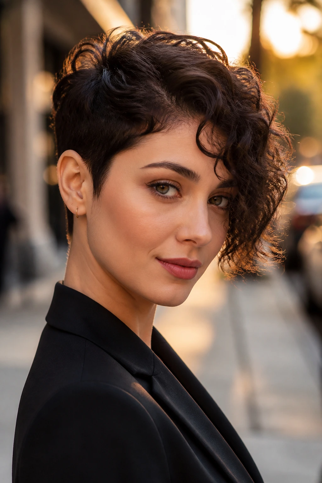 Close-up of a real woman with asymmetrical curly pixie and longer side