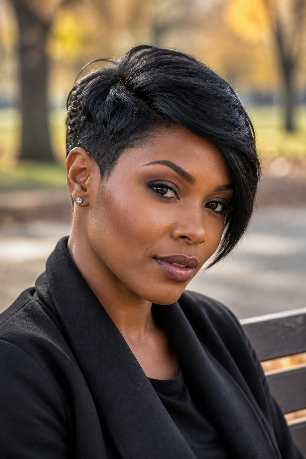 Close-up of a Black woman with asymmetrical pixie and long sweep