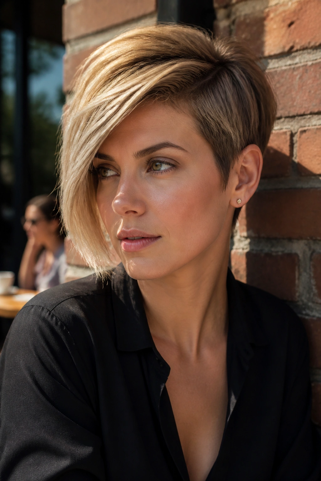Close-up portrait of a real woman with an asymmetrical pixie and one longer side