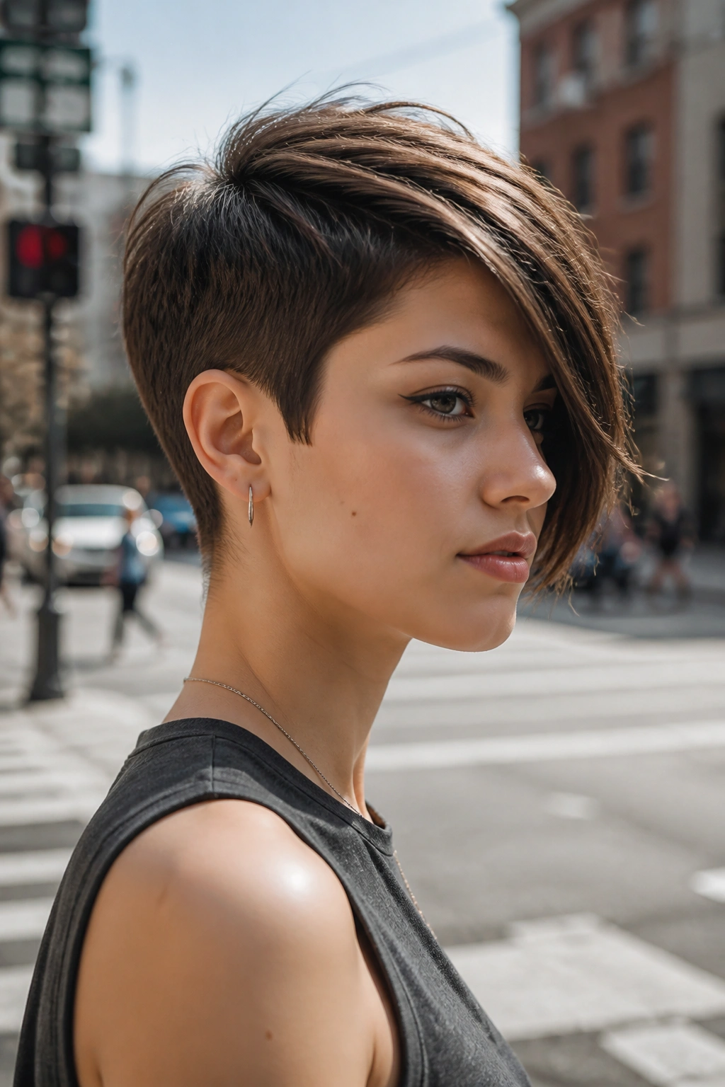 Close-up of a girl with an asymmetrical pixie showing a longer side