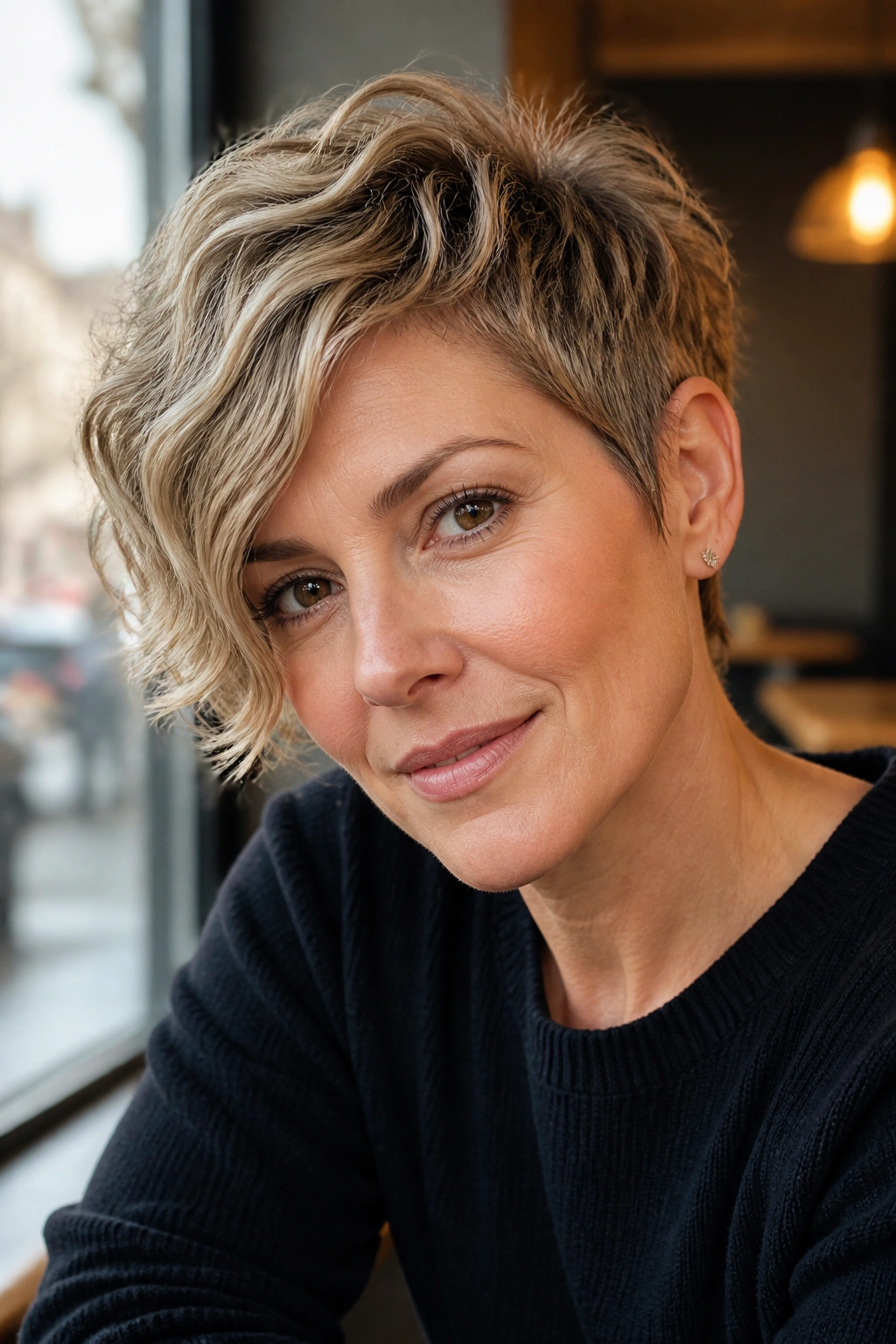 Close-up portrait of a real woman with asymmetrical sweep pixie, warm cafe window light