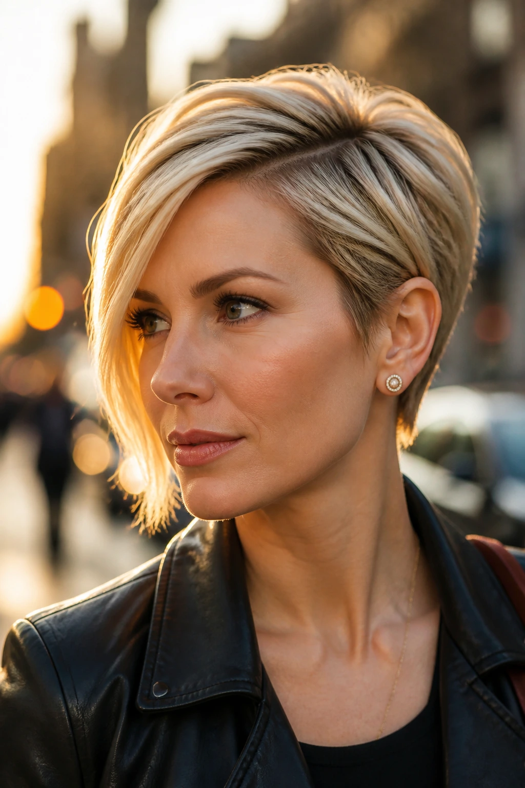 Close-up portrait of a real woman with Asymmetrical Blonde Pixie With Face Framing hairstyle.