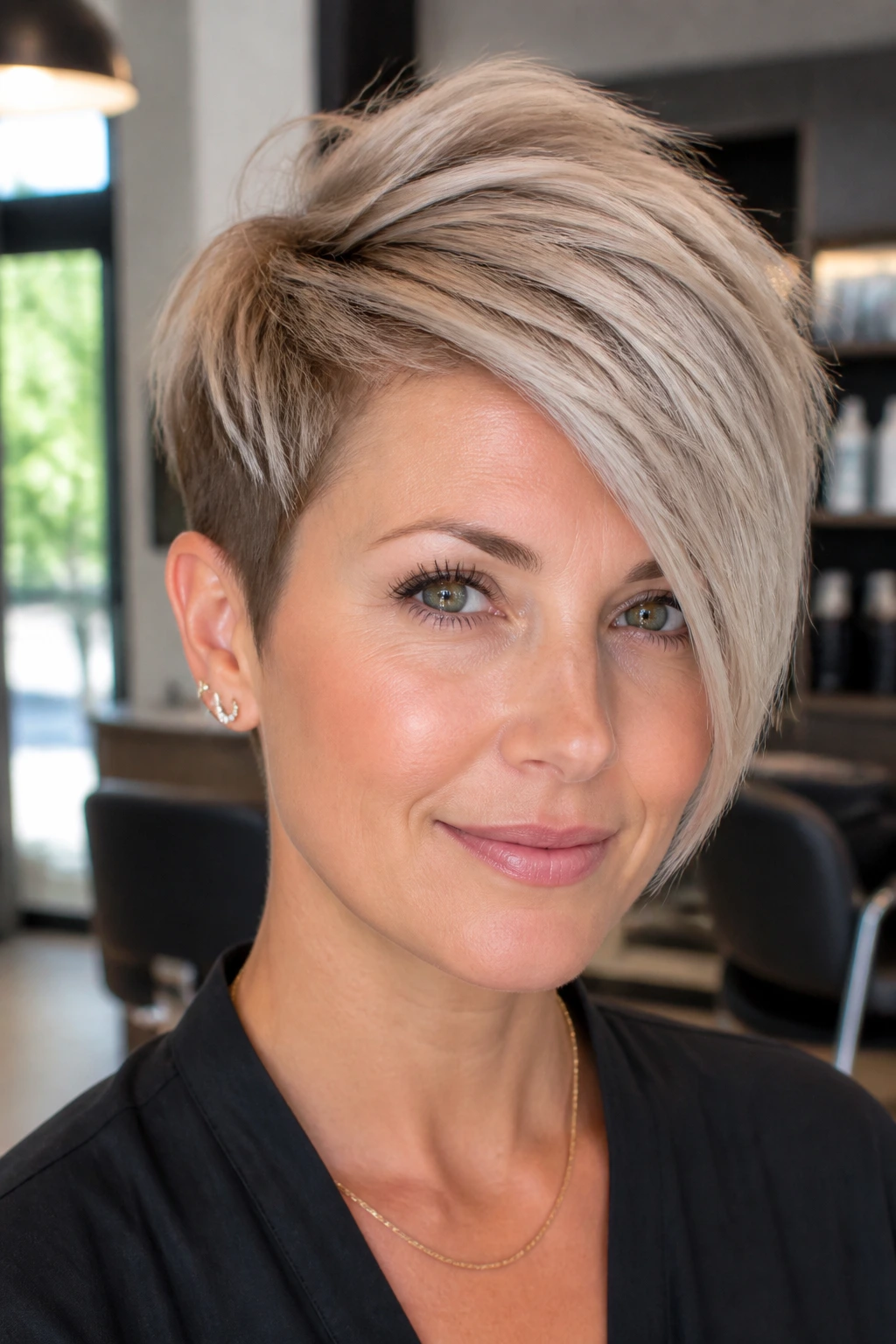 Close-up portrait of a real person with an asymmetrical pixie hairstyle