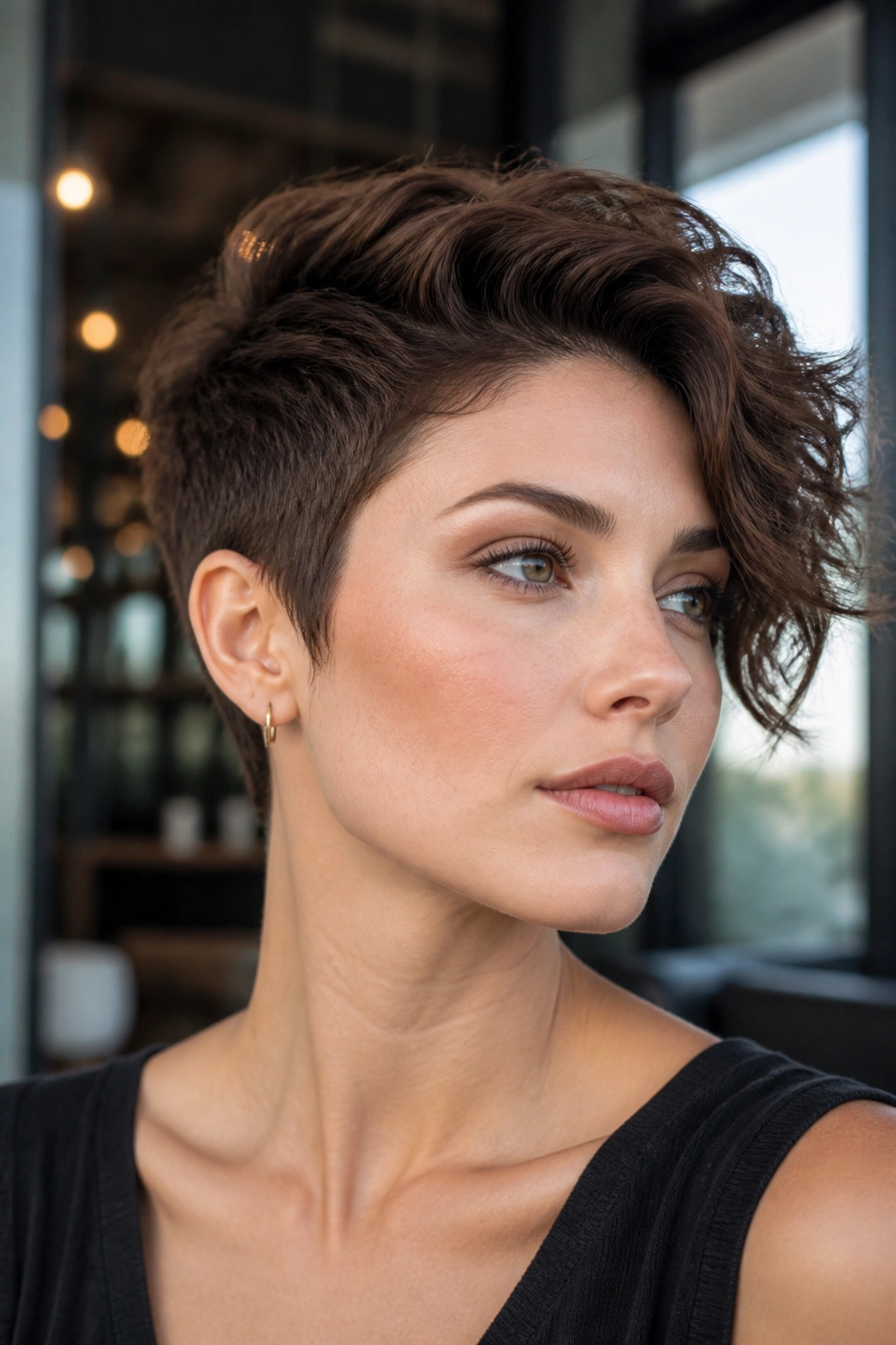Close-up of a real person with asymmetrical pixie and soft quiff