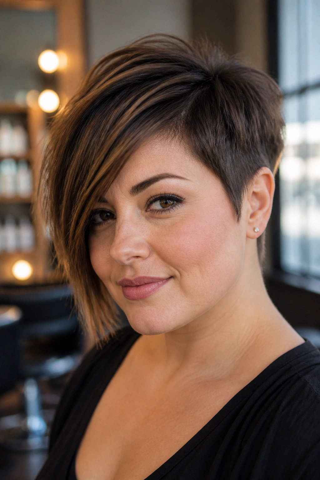 Close-up of a real woman with an asymmetrical pixie cut for a round face, one side longer across forehead and cheekbone.