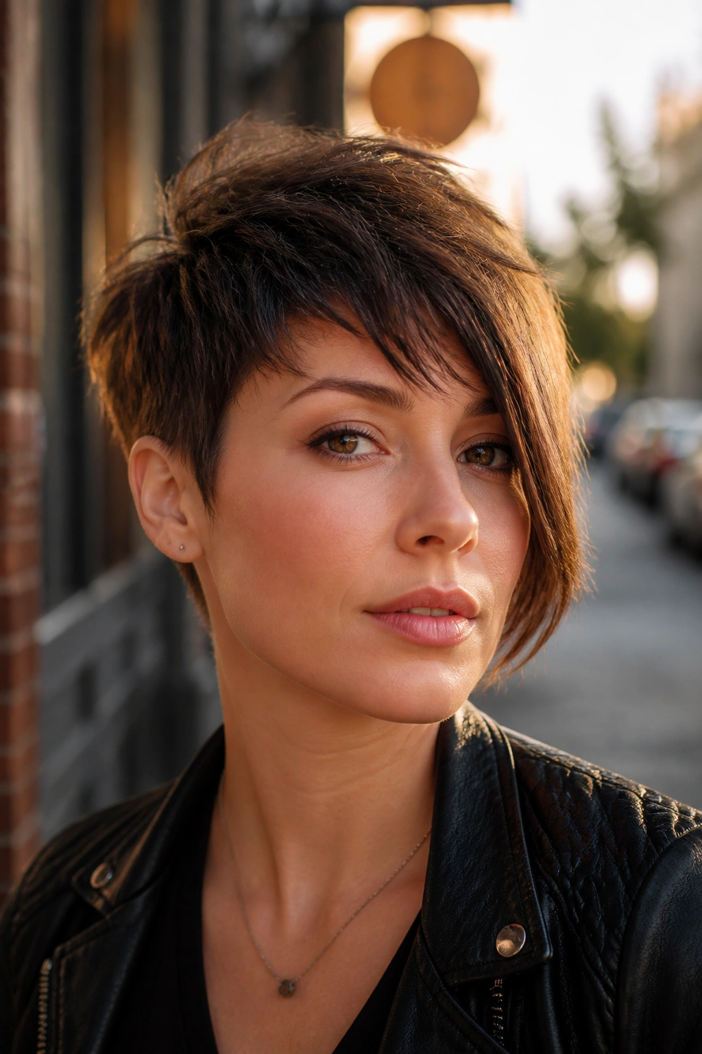 Close-up of a real woman with asymmetrical shaggy pixie with one long side.