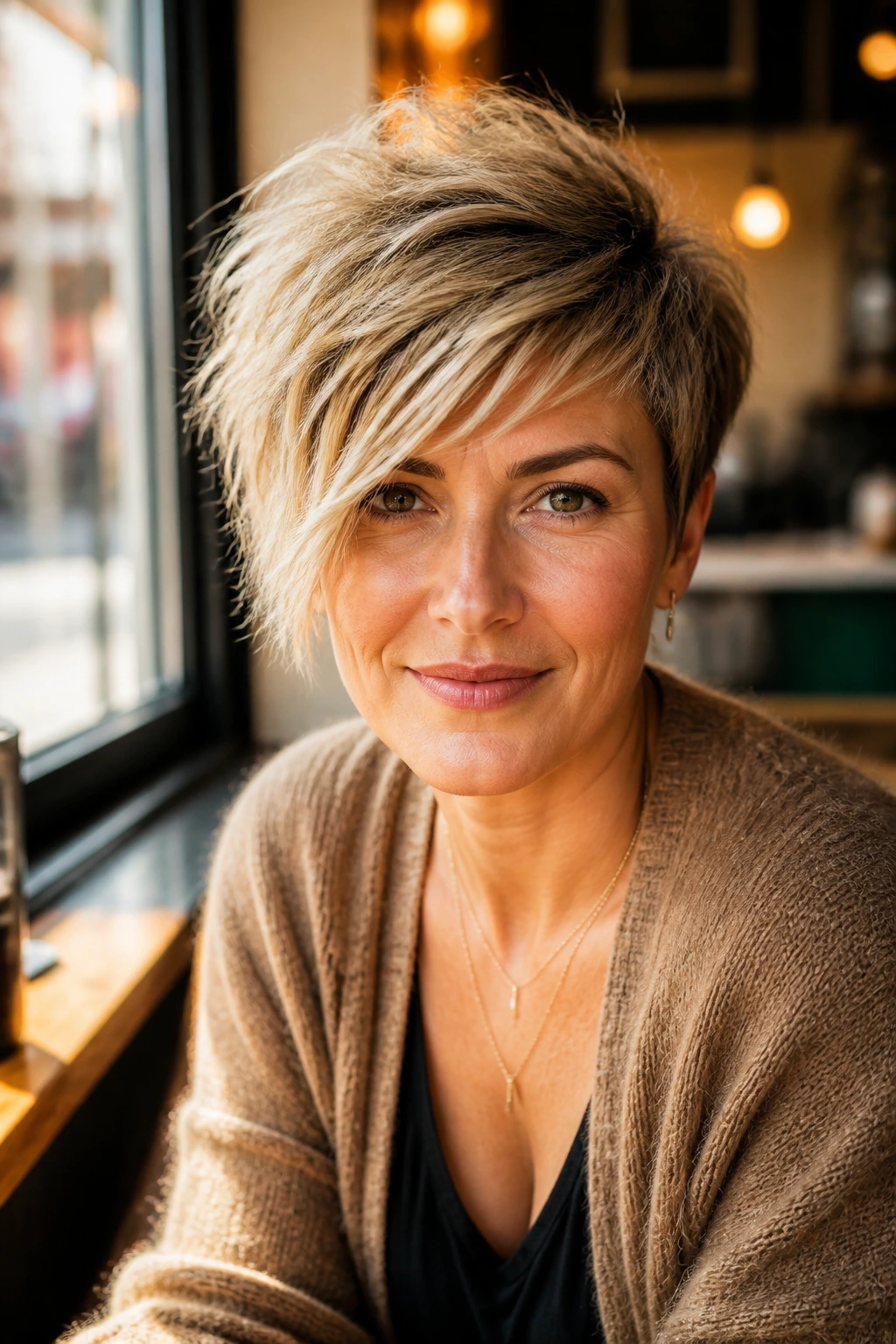 Close-up portrait of a real woman with asymmetrical shag pixie hairstyle