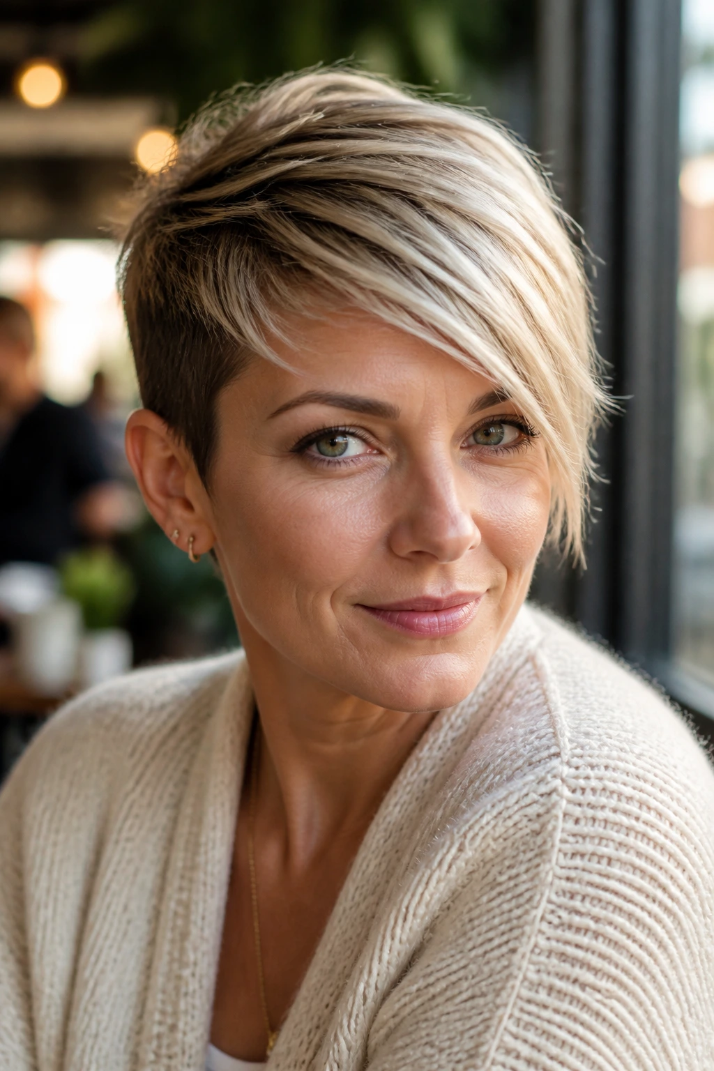 Close-up portrait of a real woman with side-swept asymmetrical pixie in sunlit cafe setting