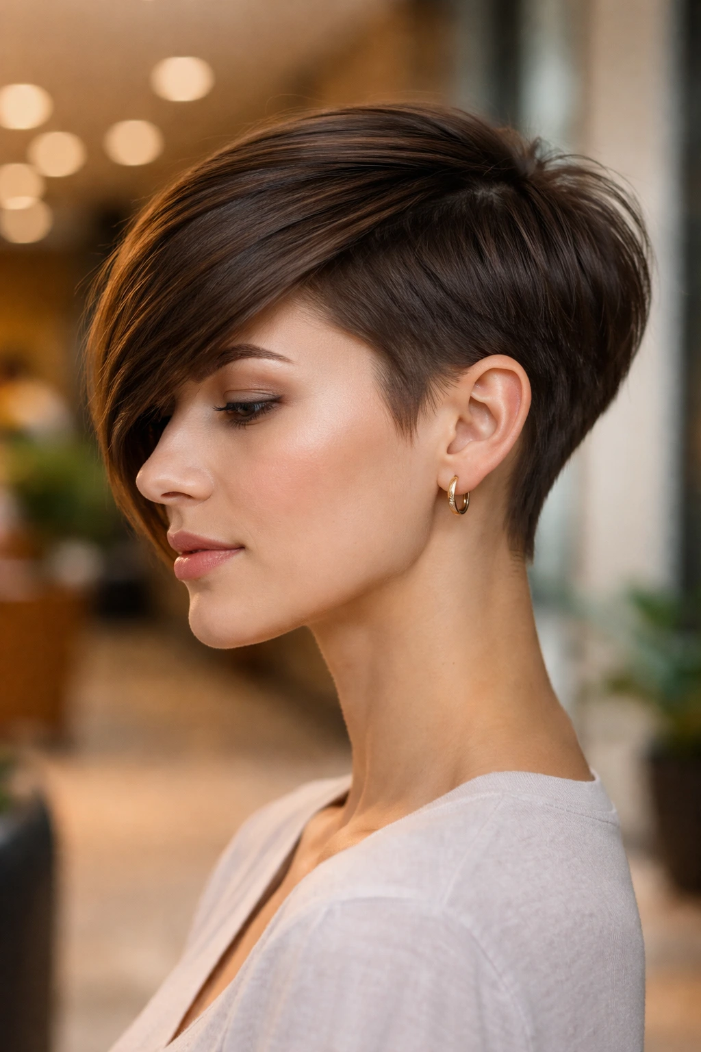Side-profile of a real woman with an asymmetrical side-swept pixie in an office setting
