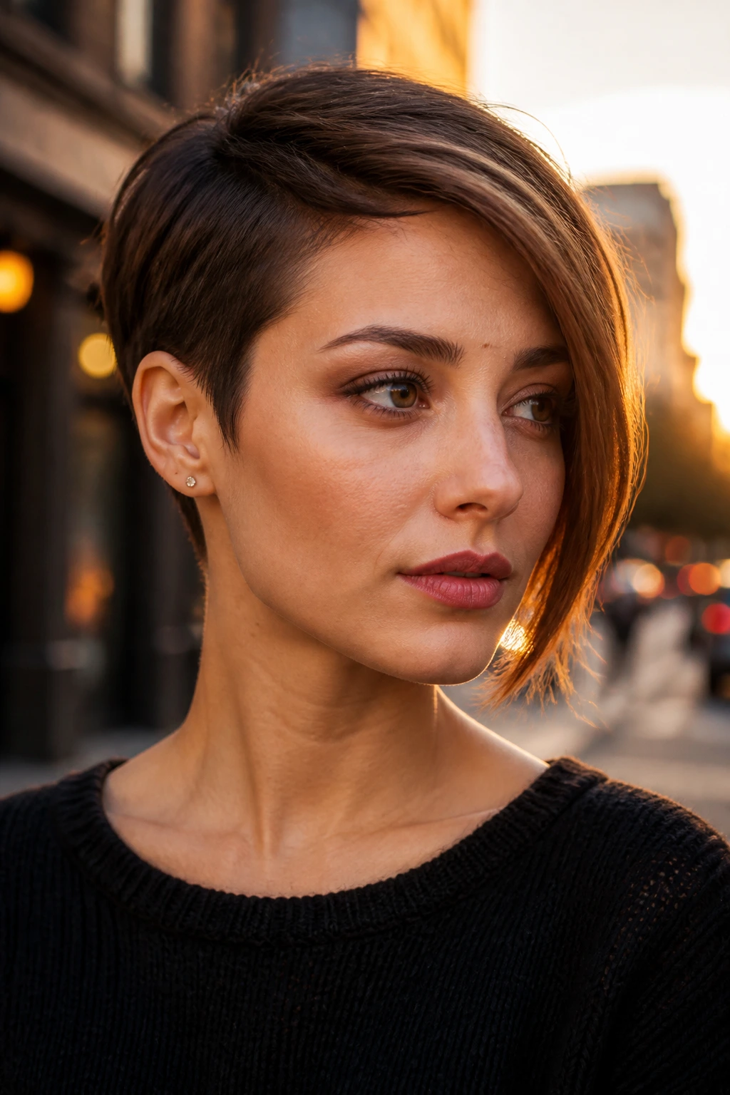Three-quarter portrait of a real person with an asymmetrical pixie and longer side