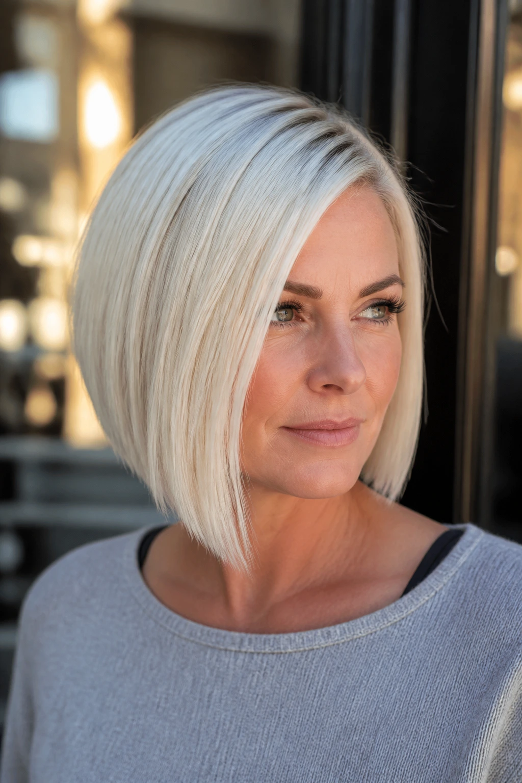 Close-up portrait of a real woman with an asymmetrical platinum bob and a side part