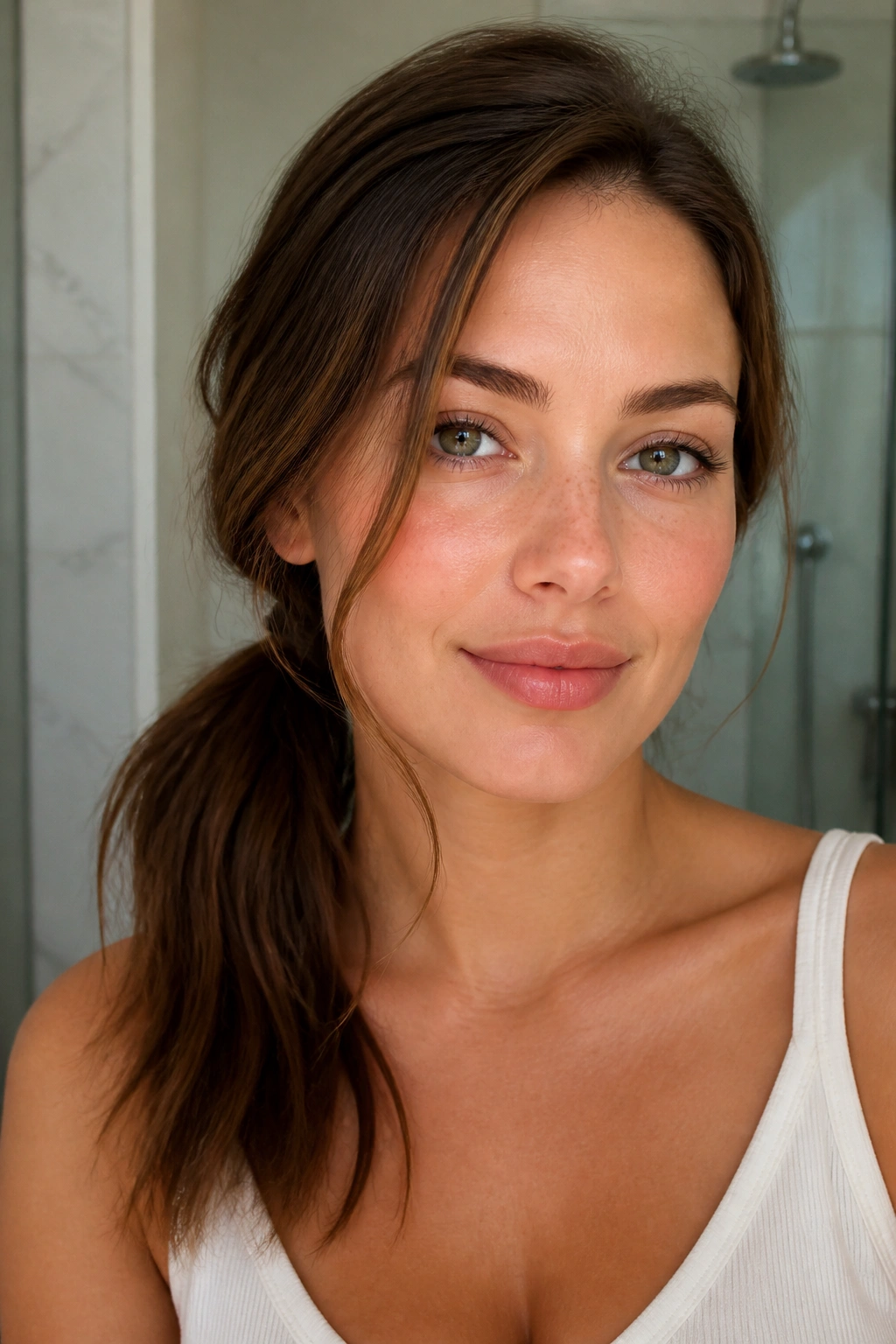 Close-up of a real person with a low off-center ponytail and face-framing strand