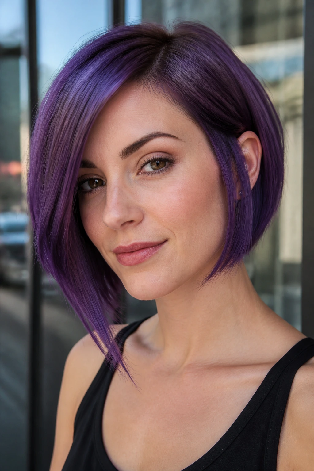 Asymmetrical purple bob on a real woman with one side longer for edge.