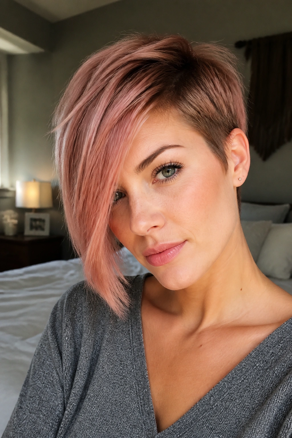 Close-up of a real woman with an asymmetrical rose pixie and a longer front panel at cheekbone length.