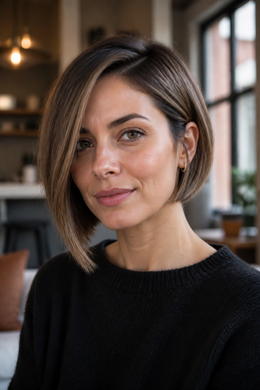 Close-up of a real woman with an asymmetrical rounded bob, one side longer.