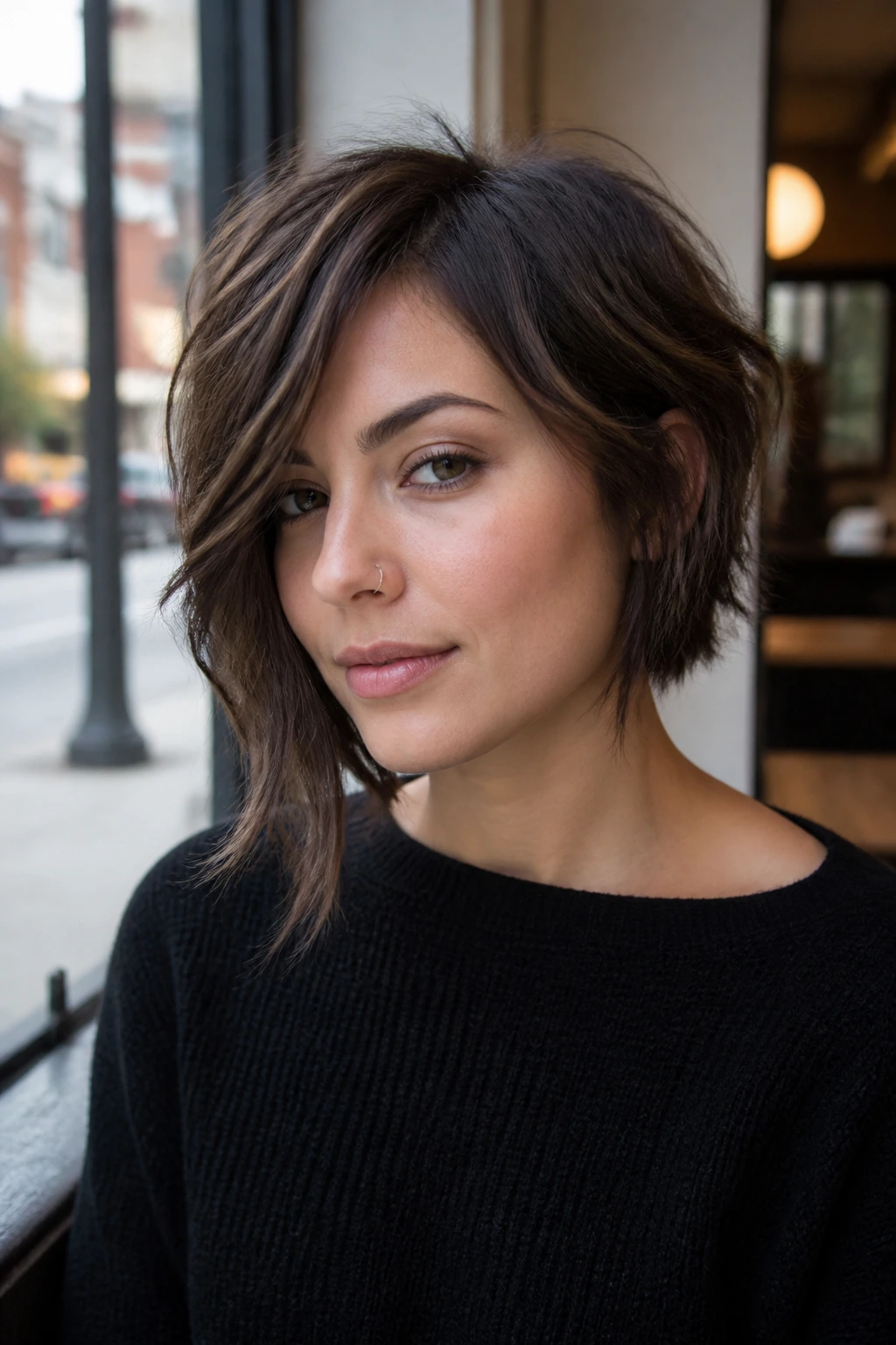 Portrait of a woman with an asymmetrical shag bob