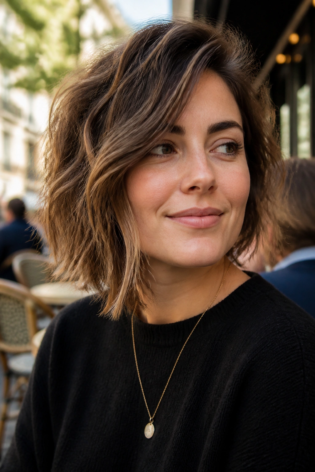 Real woman with asymmetrical shag bob showing diagonal line and volume on top.