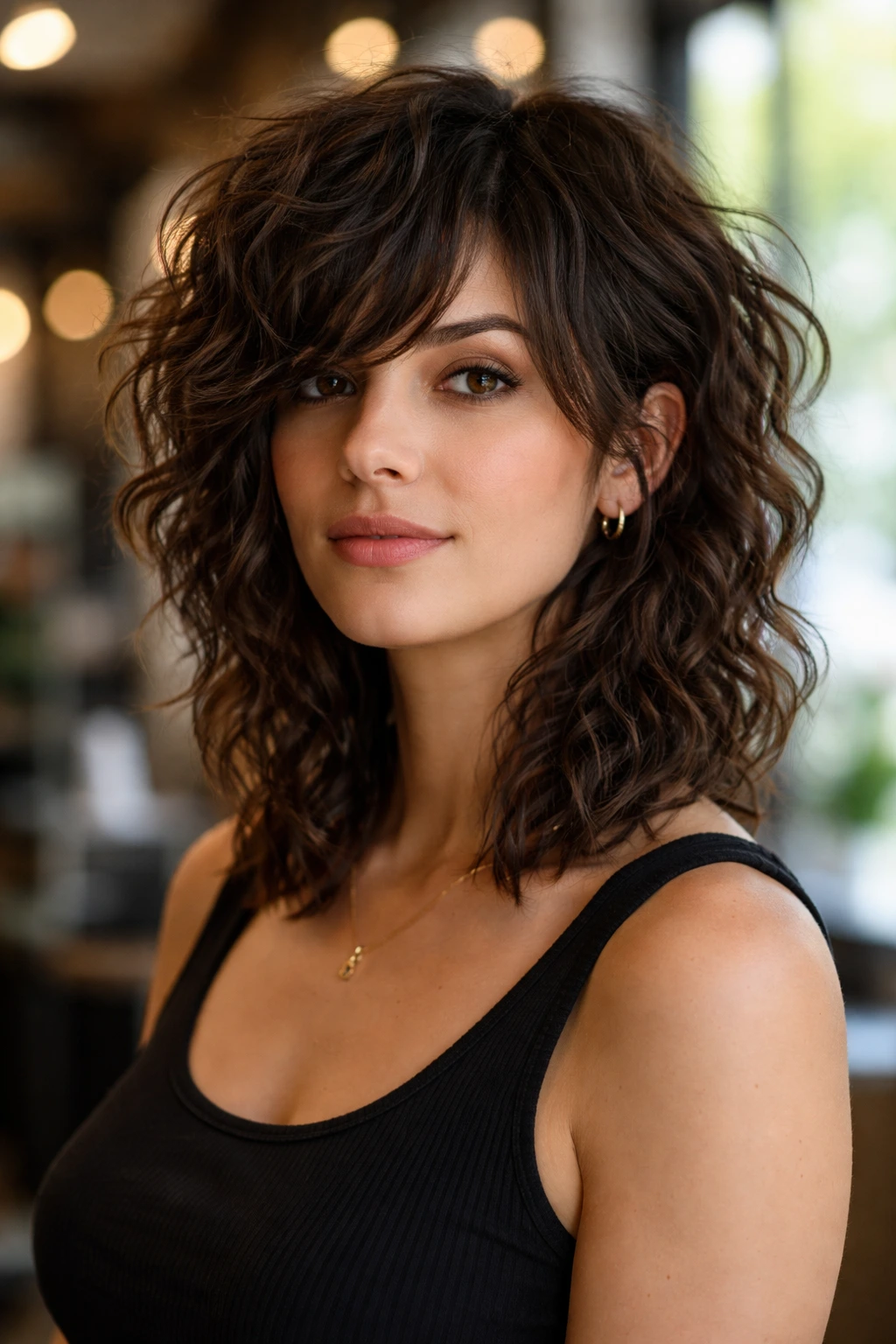 Close-up of a real woman with an asymmetrical shag haircut.