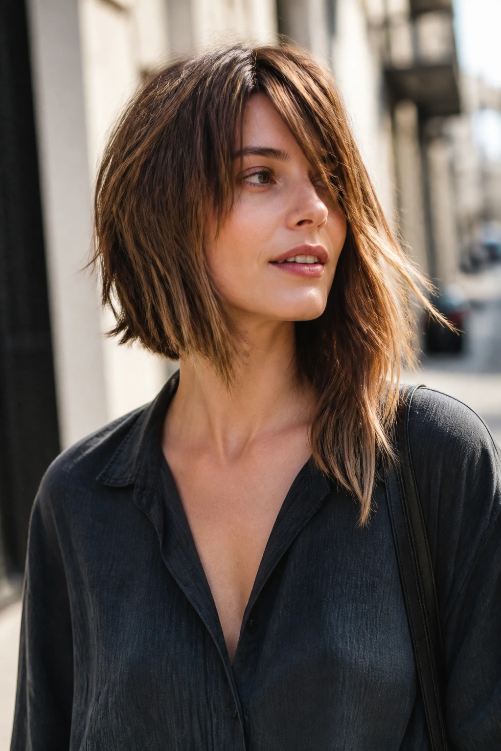 3/4 portrait of a real woman with asymmetrical shaggy lob showing longer side past collarbone and shorter side at shoulder, in soft afternoon light.