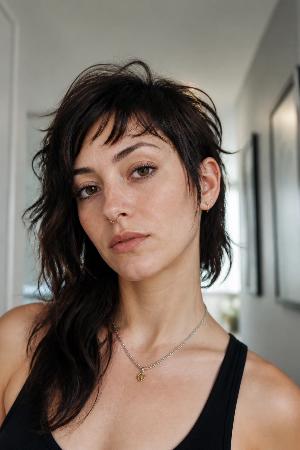 Close-up portrait of a real person with asymmetrical shag mullet