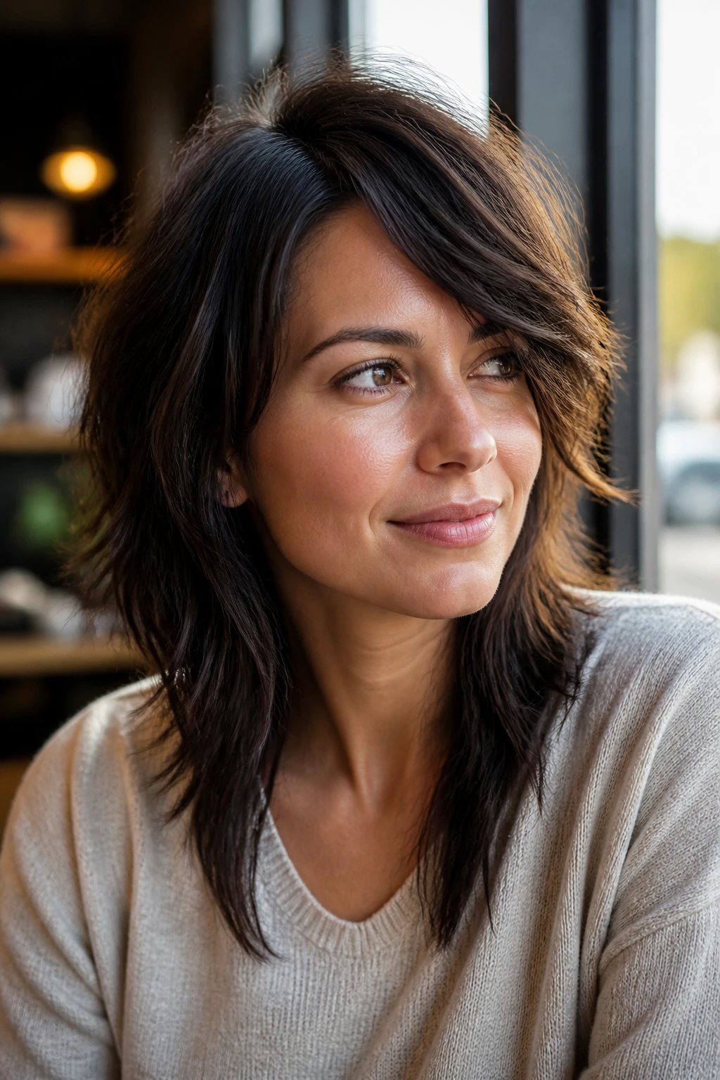Close-up portrait of a real woman with an off-center part and asymmetrical shag layers.