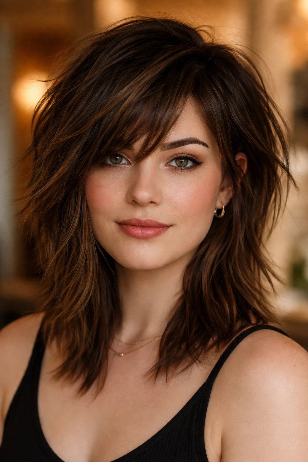 Portrait of a real woman with asymmetric shag hairstyle