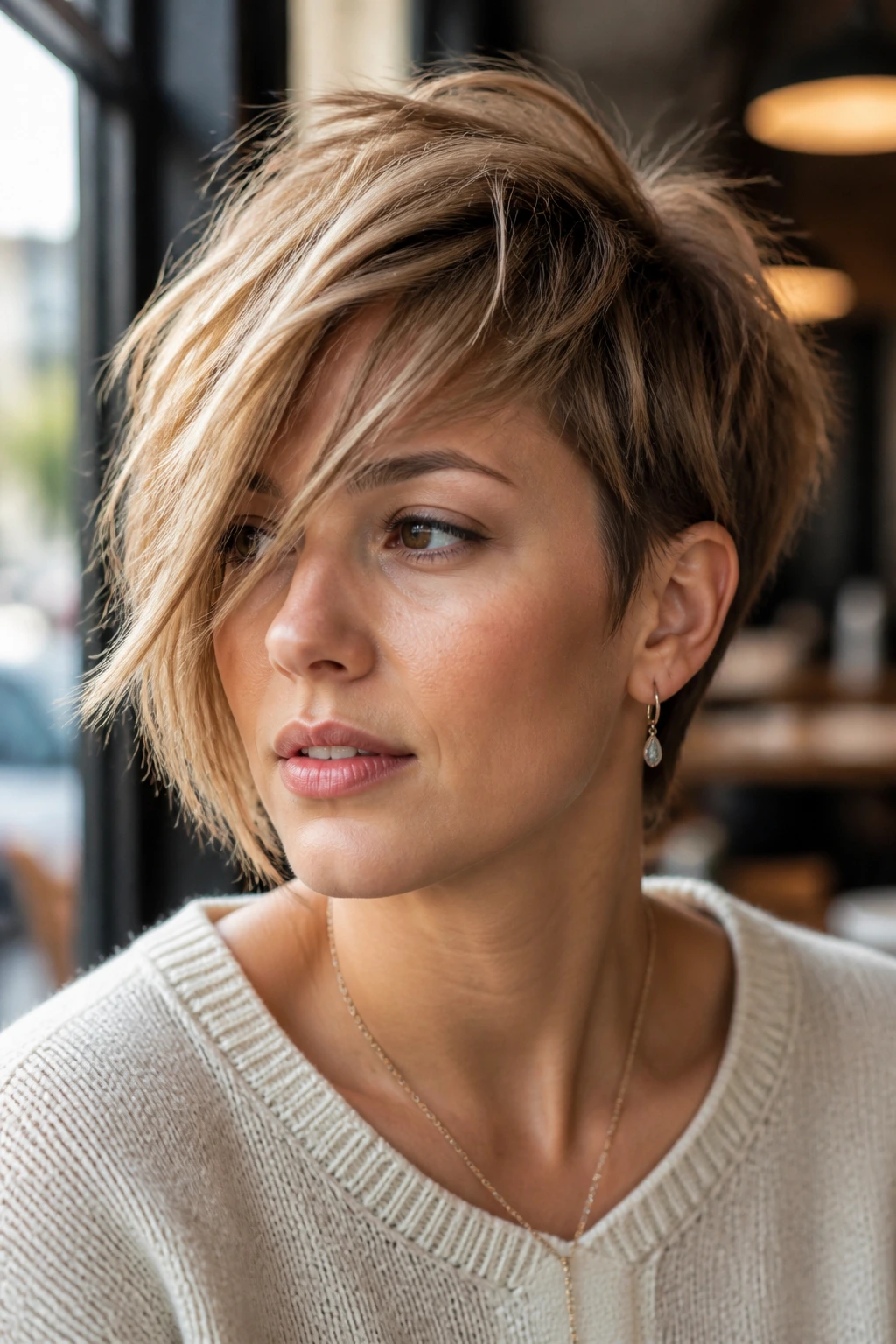 Close-up of Asymmetrical Shaggy Pixie on a real person with longer side over face