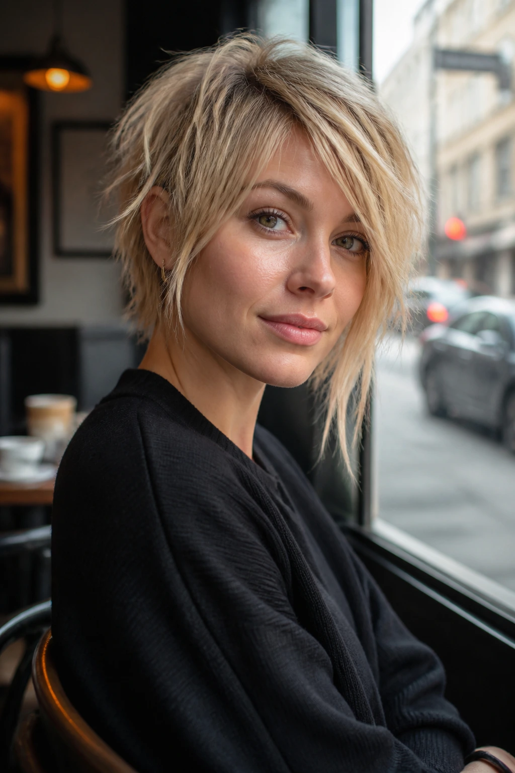 Real woman with asymmetrical short blonde shag at cafe window