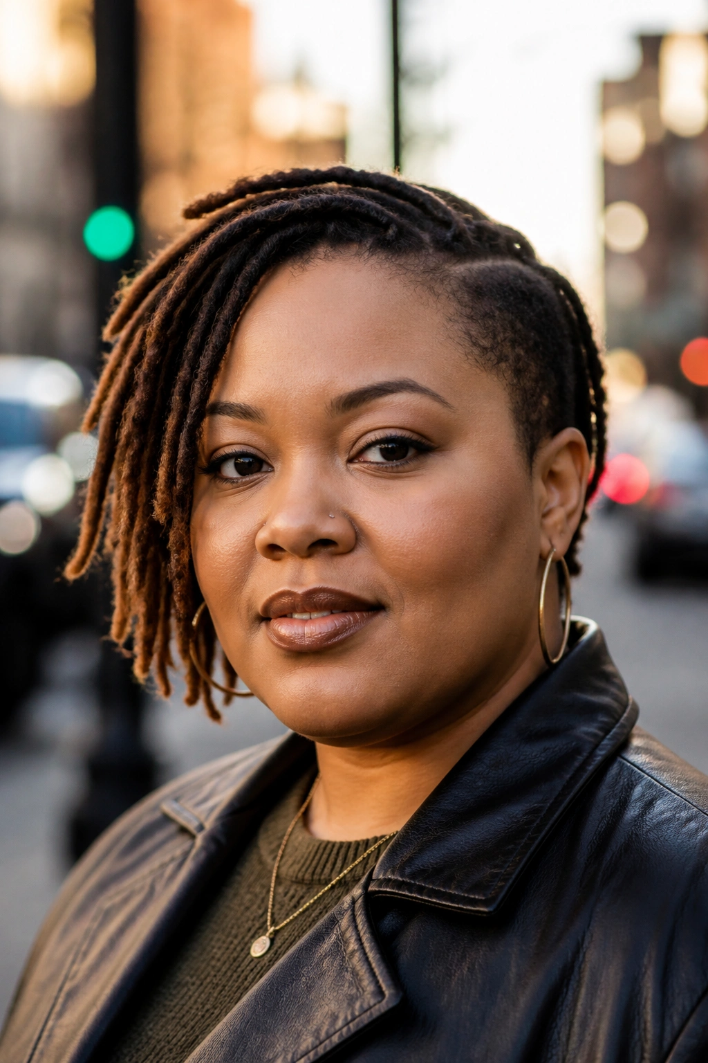 Close-up of asymmetrical short locs on a real person.